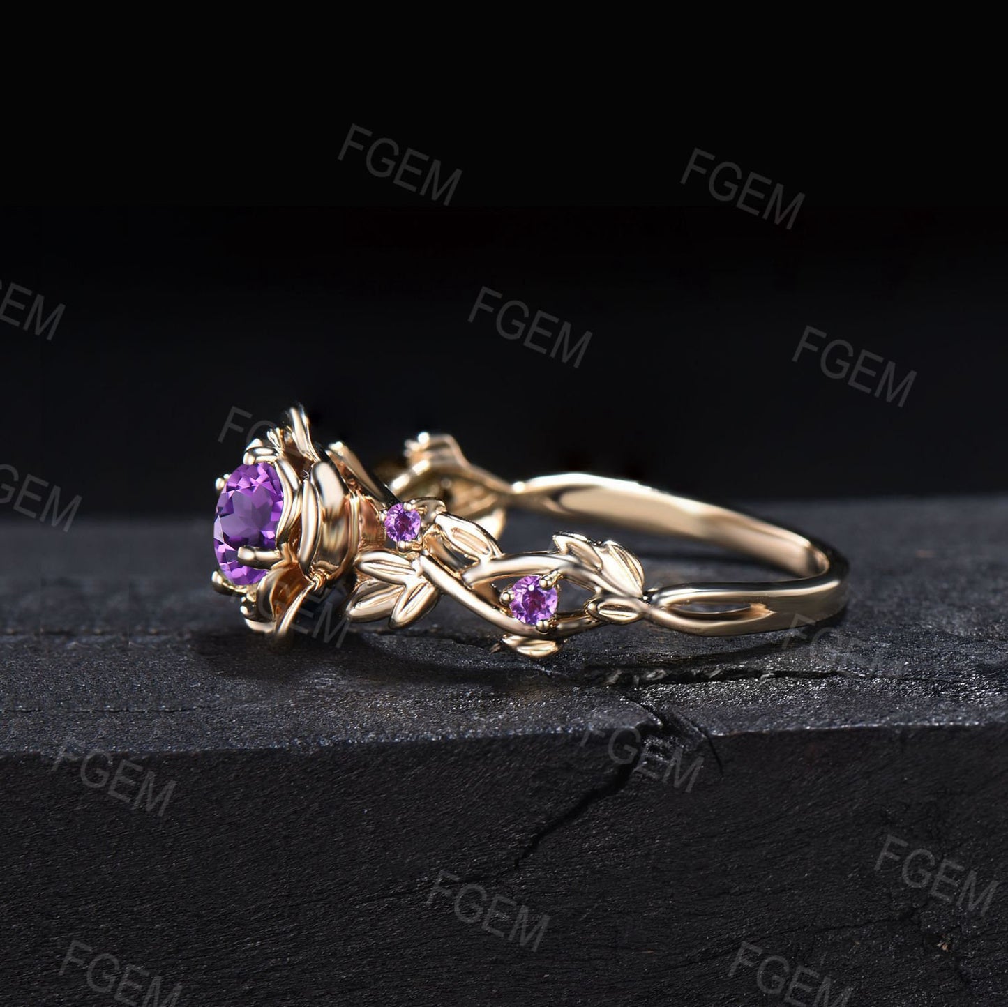 Nature Inspired Flower Amethyst Engagement Ring 5mm Round Purple Crystal Wedding Ring Leaf Floral Amethyst Ring February Birthstone Gifts