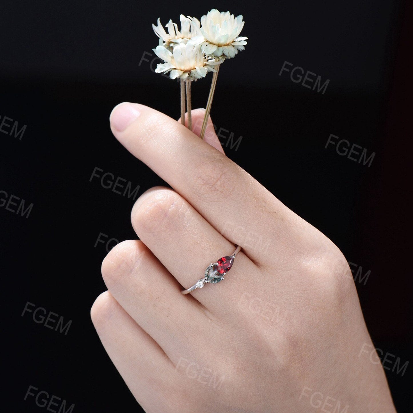 Unique Moss Agate Ruby Engagement Ring Dainty Pear Red Ruby Ring Marquise Moss Ring July Birthstone Minimalist Wedding Ring Birthday Gifts