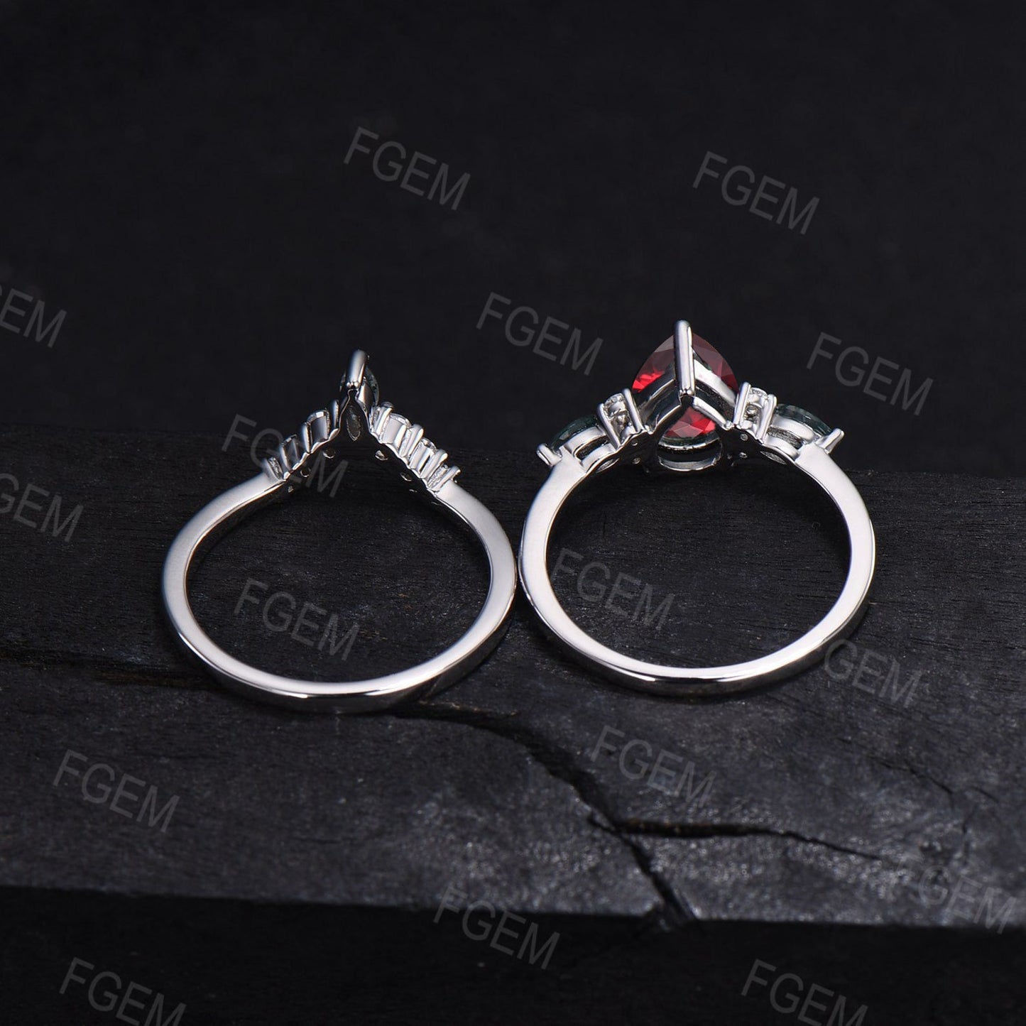 1.25ct Teardrop Ruby Engagement Ring Set 10K White Gold Red Gemstone Jewelry Unique Anniversary/Birthday Gift Women July Birthstone Ring