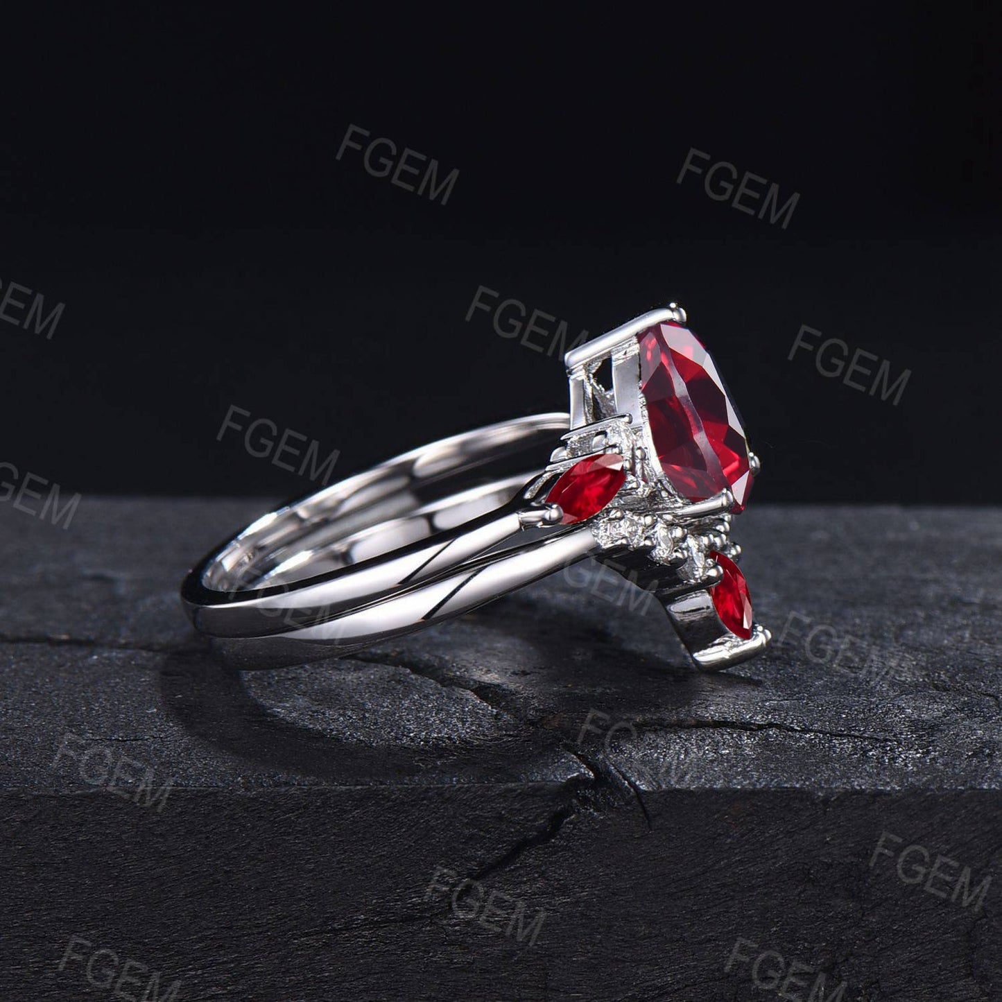 1.25ct Teardrop Ruby Engagement Ring Set 10K White Gold Red Gemstone Jewelry Unique Anniversary/Birthday Gift Women July Birthstone Ring