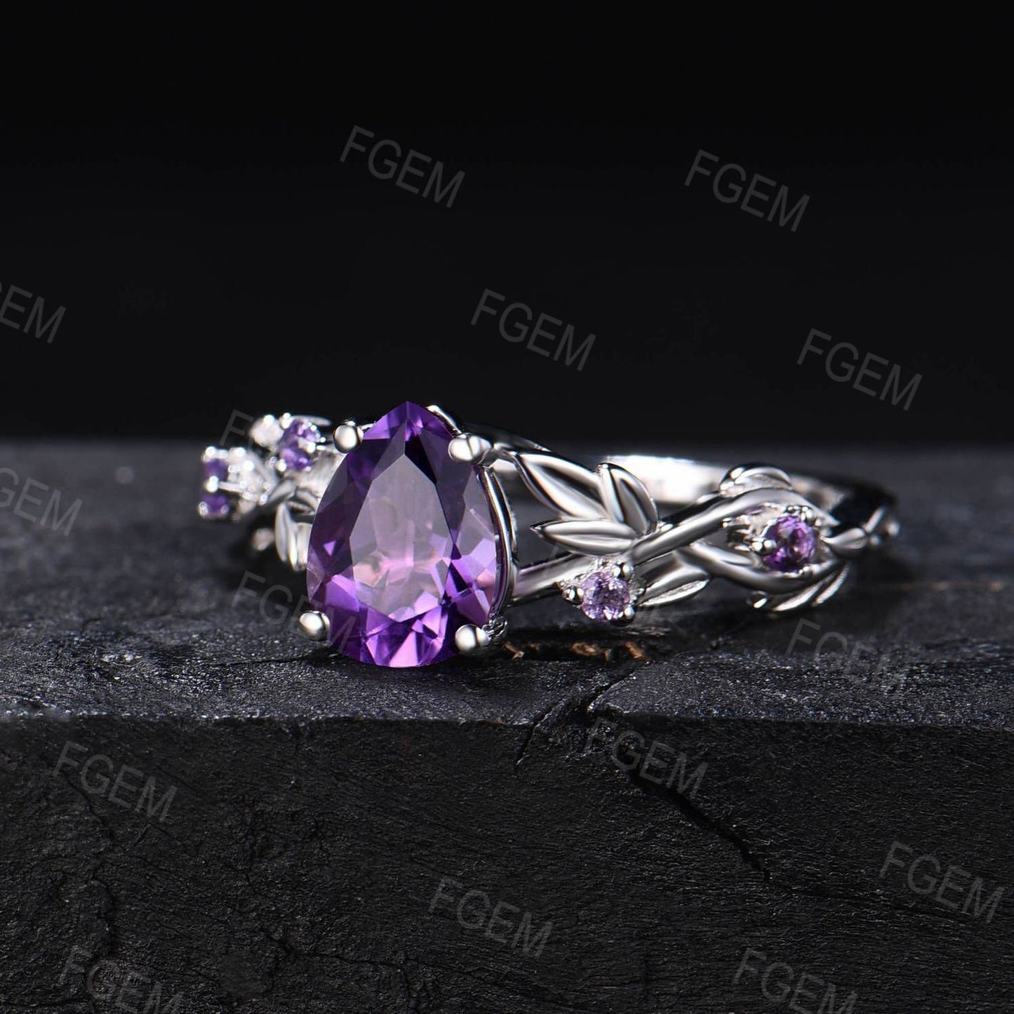 Amethyst Engagement Rings 1.25ct Pear Nature Inspired Twig Leaf Purple Crystal Bridal Ring Twisted Band February Birthstone Jewelry Gifts