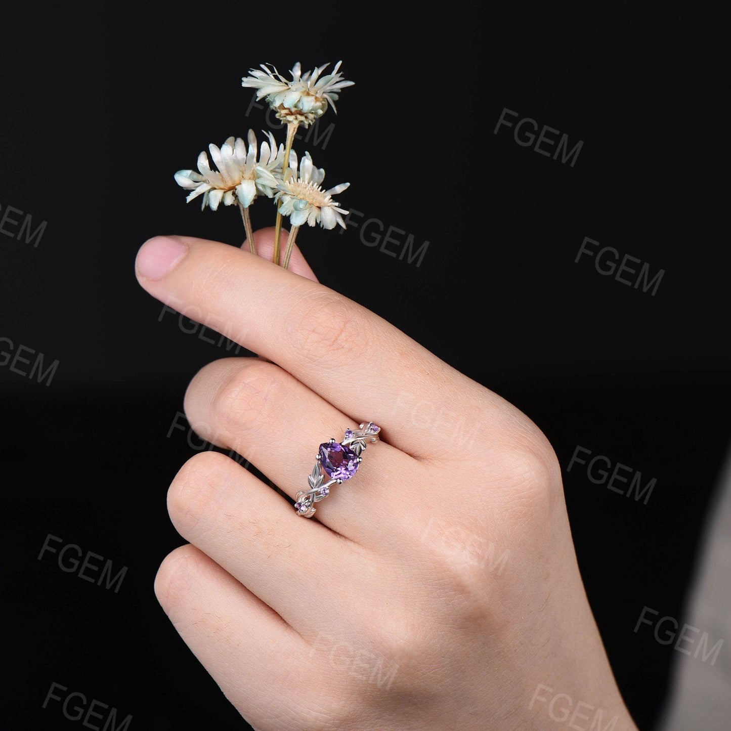 Amethyst Engagement Rings 1.25ct Pear Nature Inspired Twig Leaf Purple Crystal Bridal Ring Twisted Band February Birthstone Jewelry Gifts