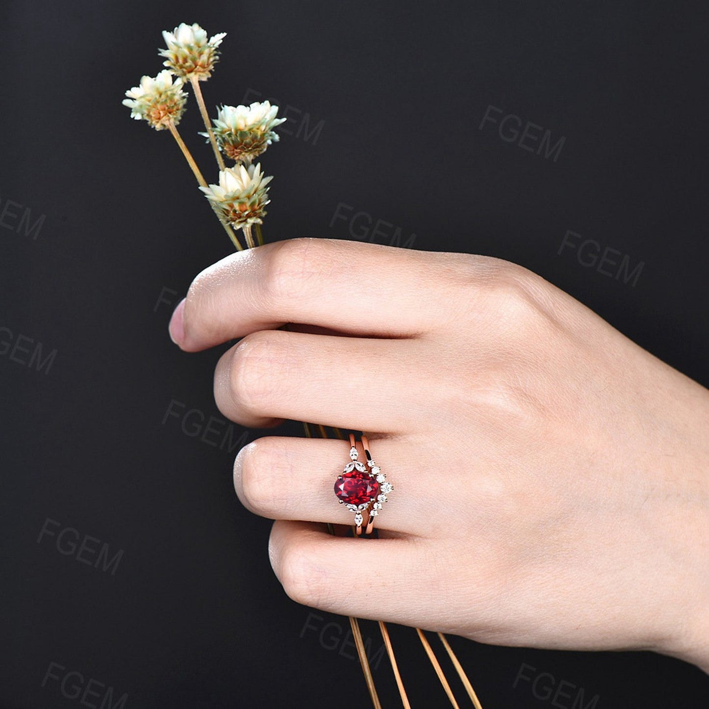 Sterling Silver Red Gemstone Jewelry 1.5ct Oval Red Ruby Engagement Ring Set Vintage Unique Anniversary/Birthday Gift July Birthstone Rings