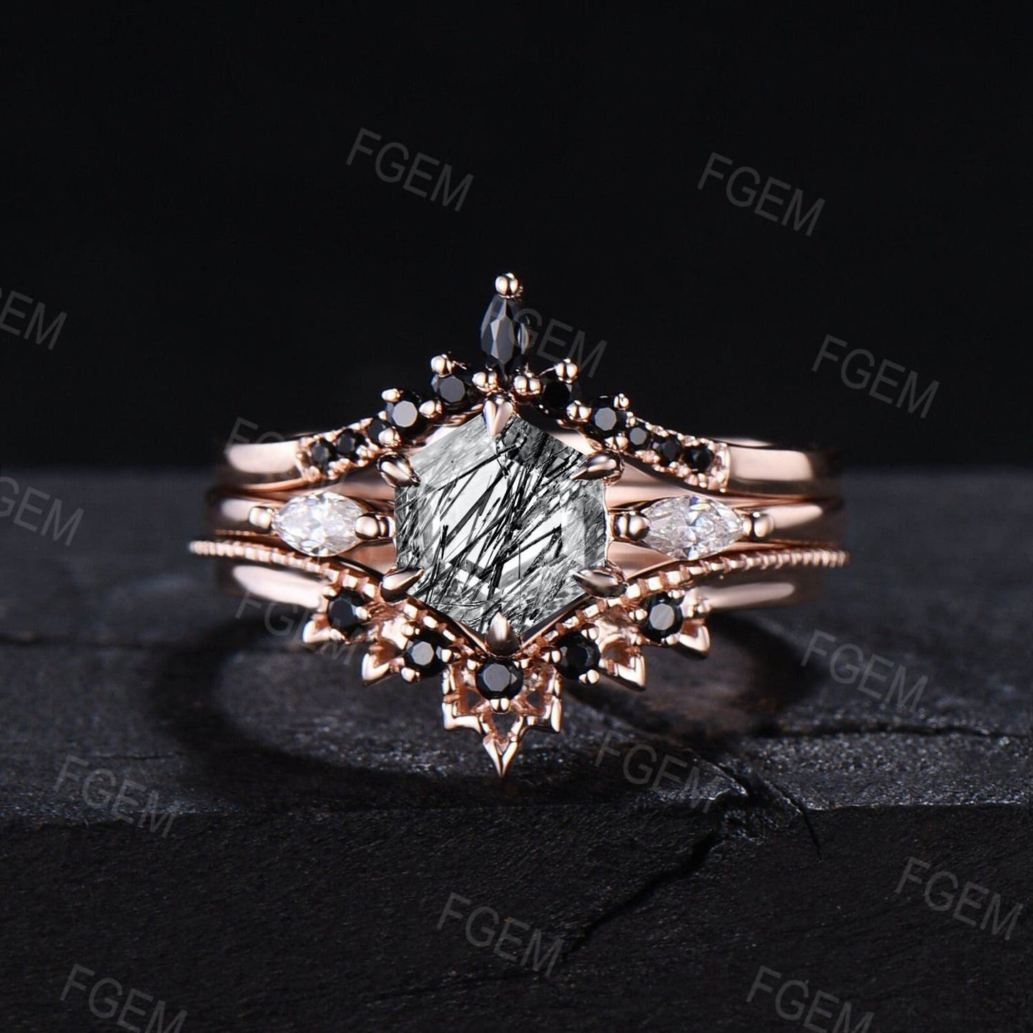 3pcs Hexagon Cut Natural Black Rutilated Quartz Ring Set Vintage Black Spinel Wedding Band Unique Wedding Gift for Women Black Stone Jewelry