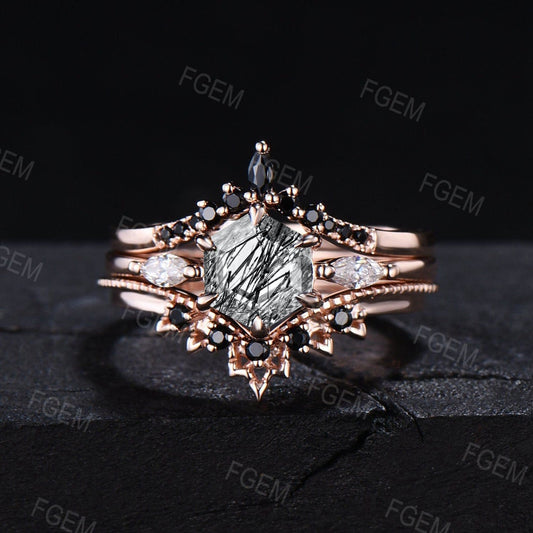 3pcs Hexagon Cut Natural Black Rutilated Quartz Ring Set Vintage Black Spinel Wedding Band Unique Wedding Gift for Women Black Stone Jewelry