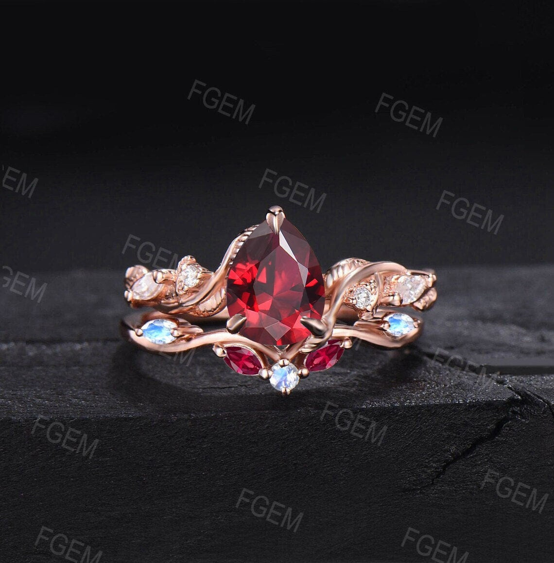 Nature Inspired Red Ruby Gemstone Jewelry 10K Rose Gold Twist Vine Ruby Moonstone Engagement Ring Set Anniversary Ring July Birthstone Gift