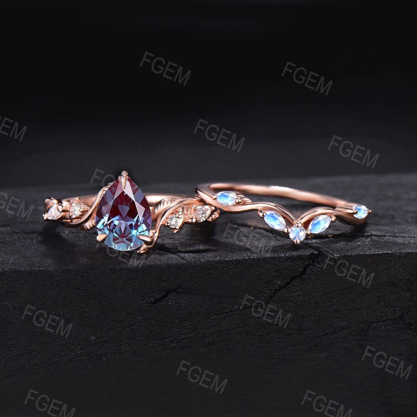 Nature Inspired Teardrop Alexandrite Moonstone Bridal Set Color-Change Alexandrite Engagement Ring Set Twist Vine Moissanite Proposal Rings