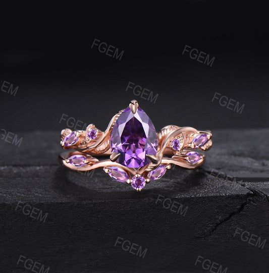 Twist Leaf Natural Amethyst Bridal Set February Birthstone 1.25ct Pear Shaped Nature Inspired Amethyst Ring Set Purple Crystal Wedding Ring