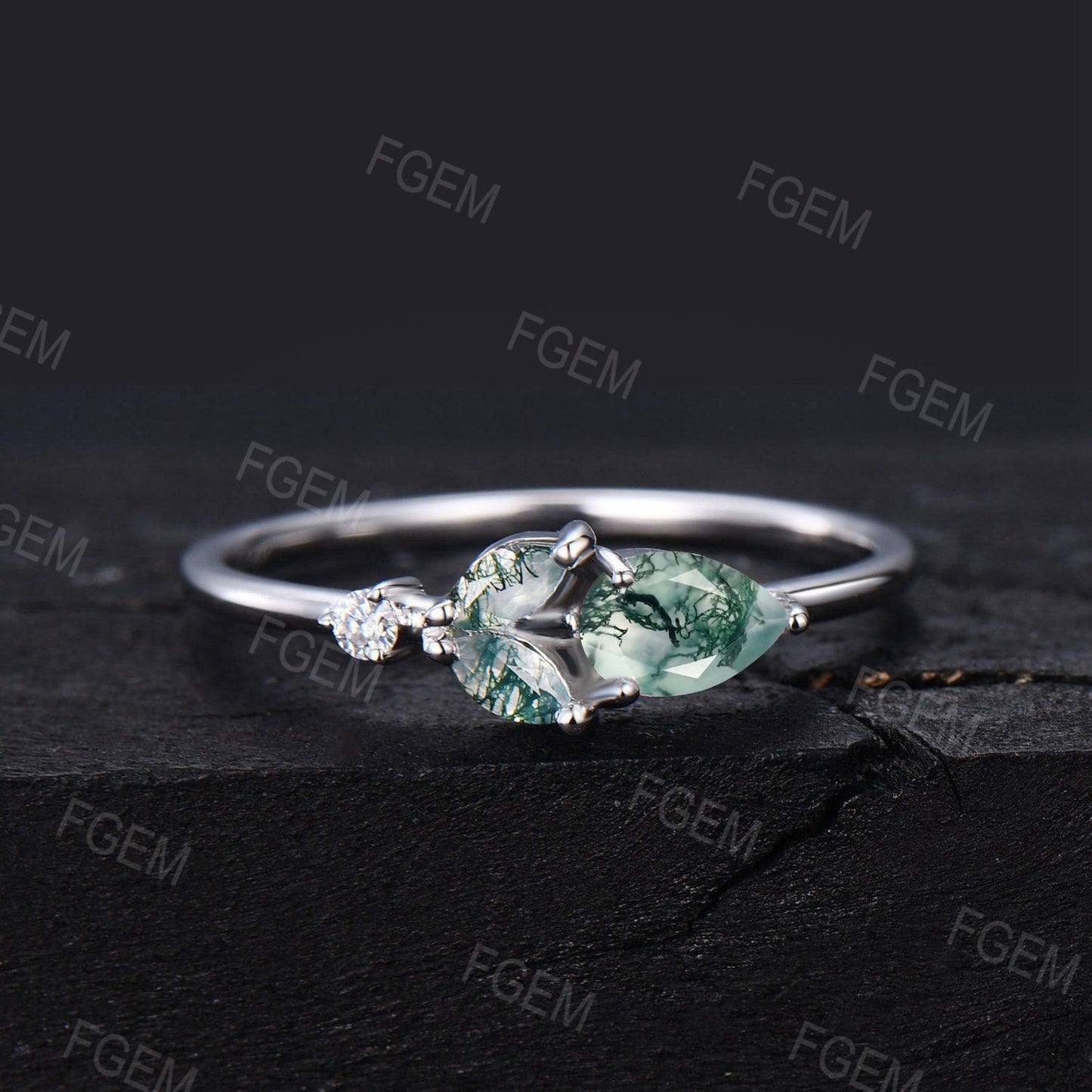 Unique Minimalist Pear Shaped Natural Moss Agate Promise Ring Rose Flower Moss Agate Moissanite Ring Green Moss Wedding Ring Birthday Gifts