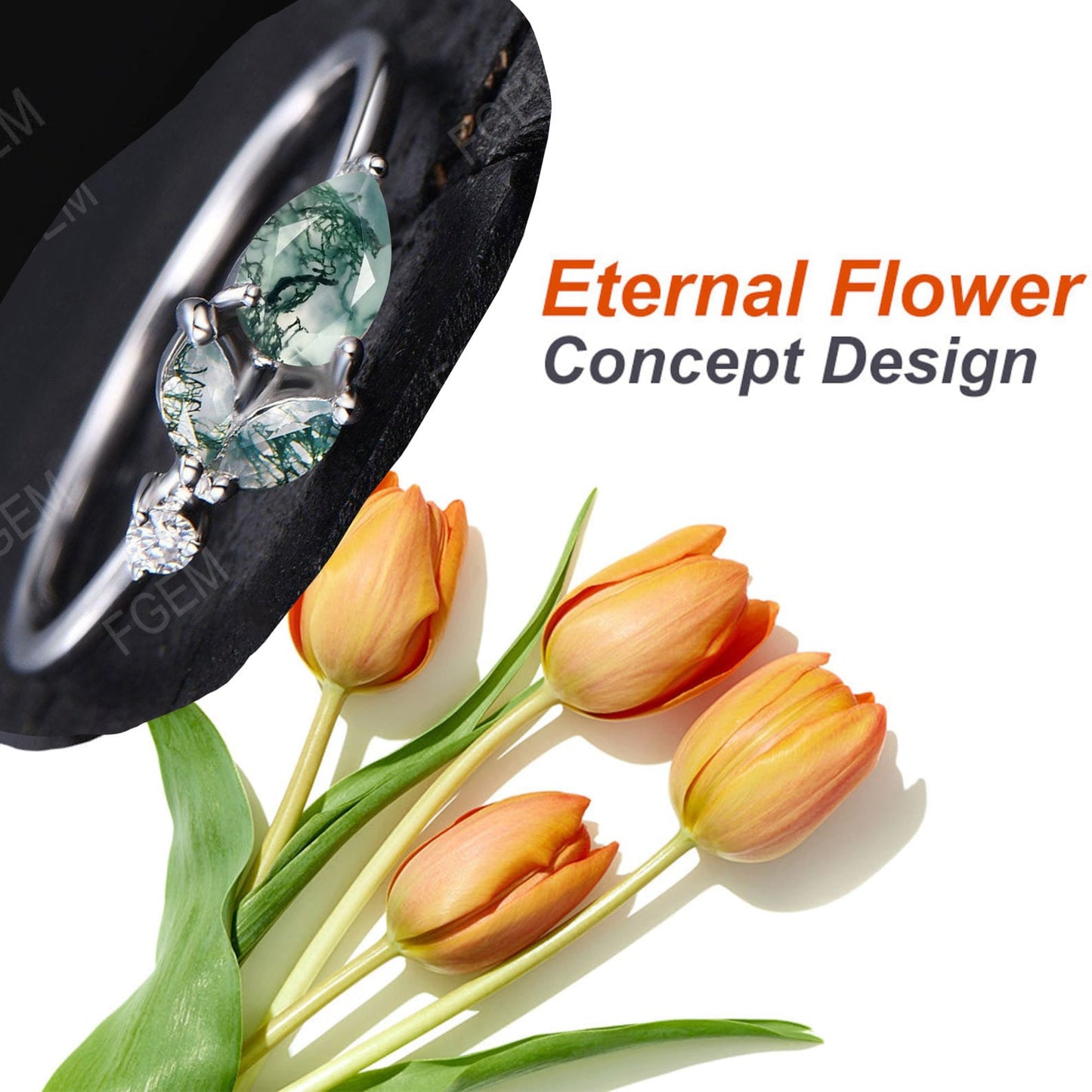 Unique Minimalist Pear Shaped Natural Moss Agate Promise Ring Rose Flower Moss Agate Moissanite Ring Green Moss Wedding Ring Birthday Gifts