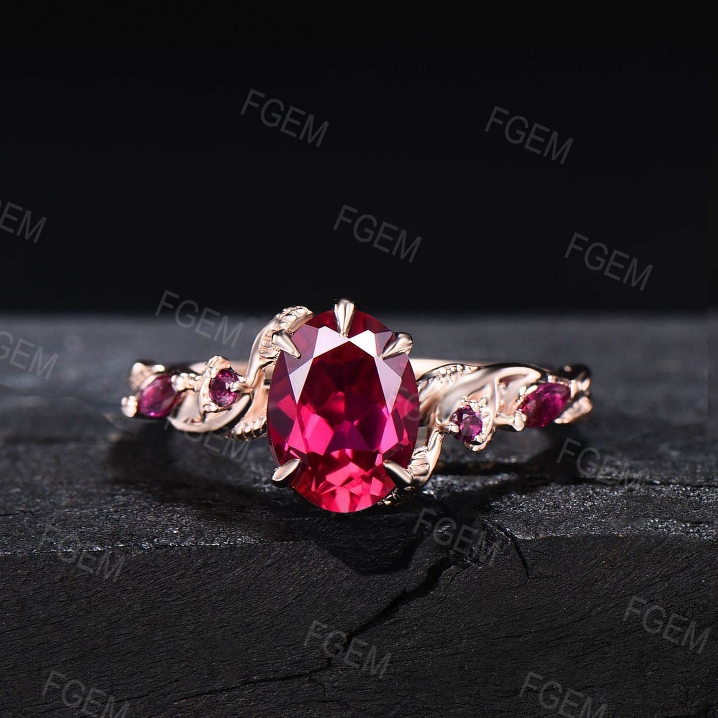 1.5ct Oval Nature Ruby Gemstone Jewelry 10K Rose Gold Twig Leaf Ruby Engagement Ring Set Unique Anniversary Ring Women July Birthstone Gift