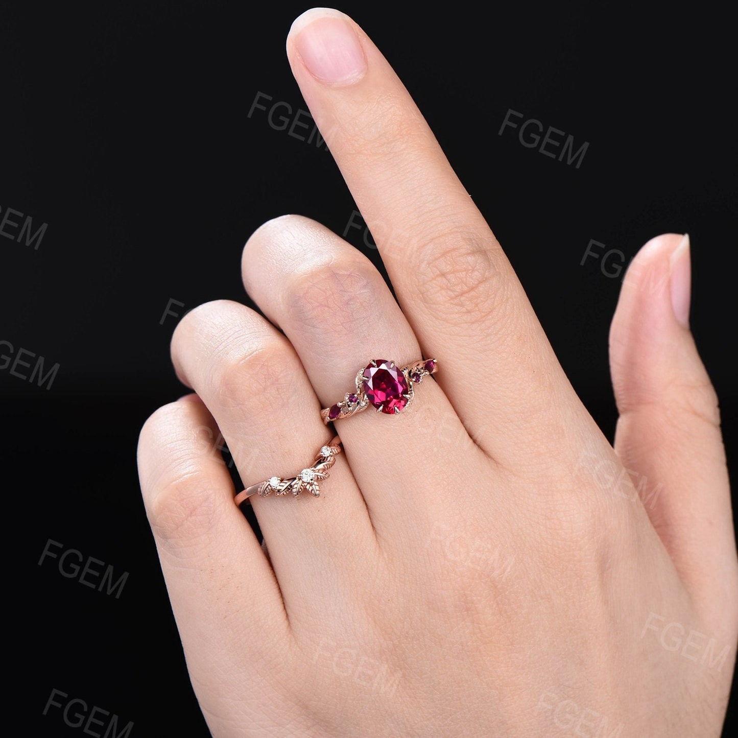 1.5ct Oval Nature Ruby Gemstone Jewelry 10K Rose Gold Twig Leaf Ruby Engagement Ring Set Unique Anniversary Ring Women July Birthstone Gift