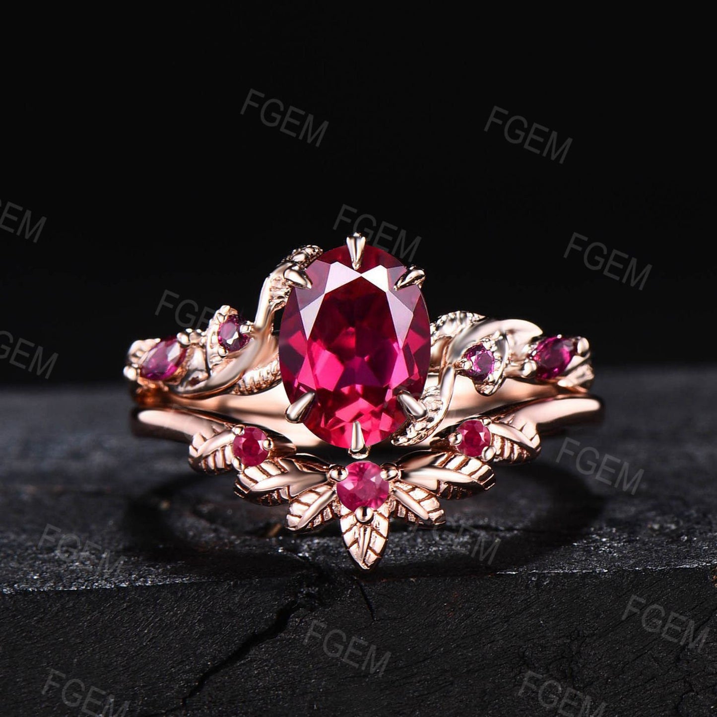 1.5ct Oval Nature Ruby Gemstone Jewelry 10K Rose Gold Twig Leaf Ruby Engagement Ring Set Unique Anniversary Ring Women July Birthstone Gift