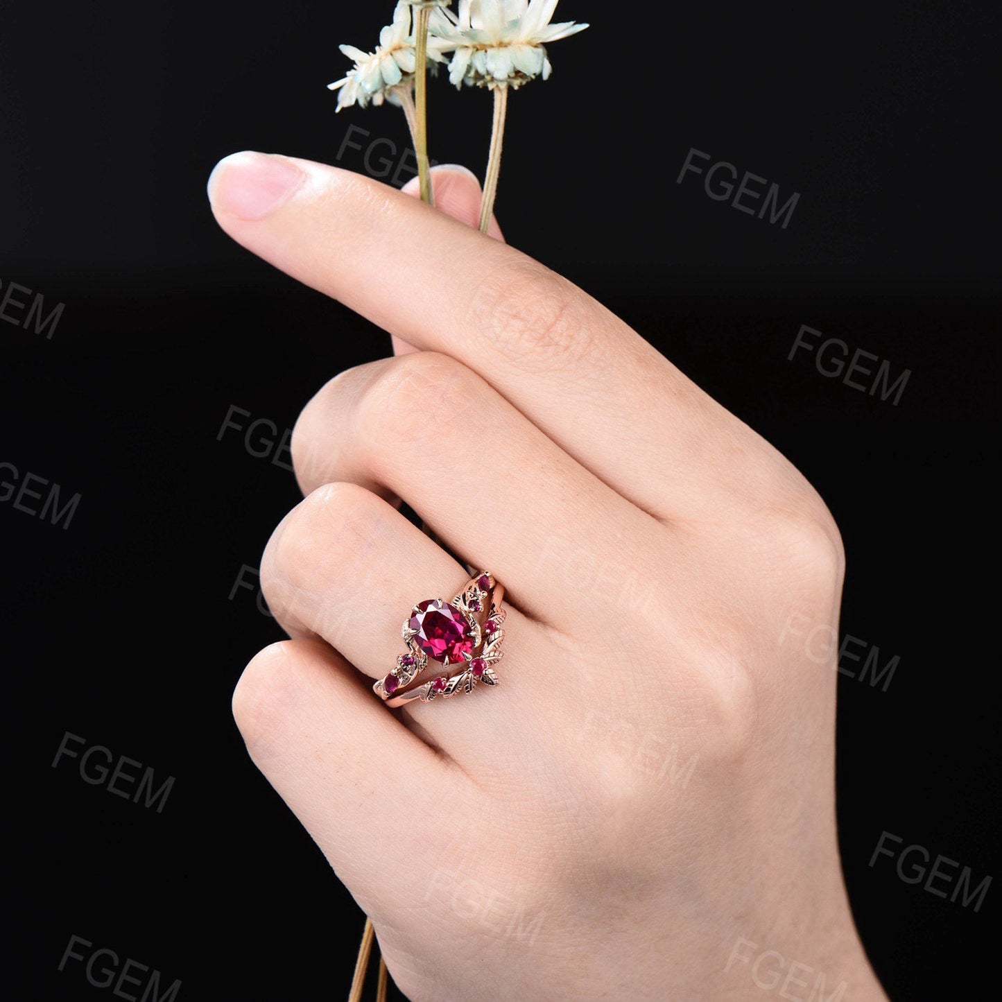1.5ct Oval Nature Ruby Gemstone Jewelry 10K Rose Gold Twig Leaf Ruby Engagement Ring Set Unique Anniversary Ring Women July Birthstone Gift