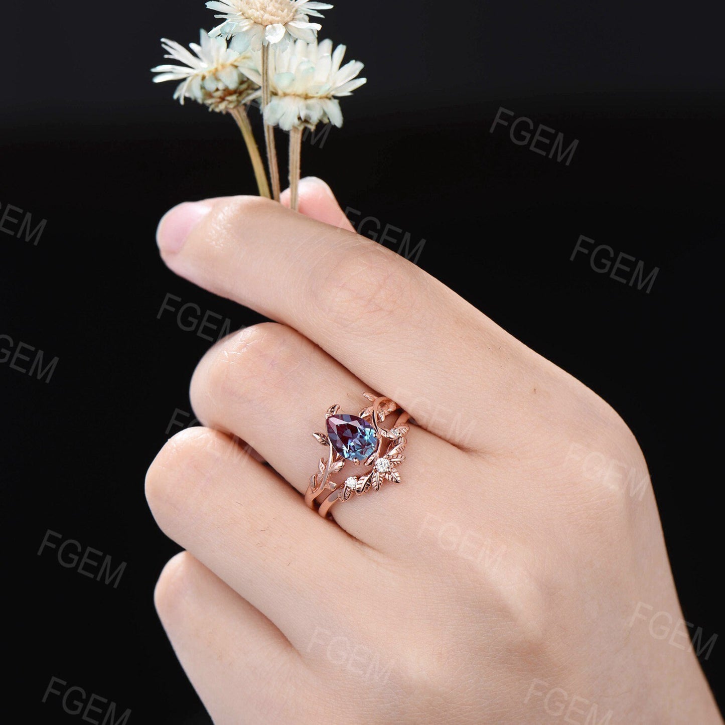 Branch Style Alexandrite Engagement Ring Set 14k Rose Gold 1.25ct Pear Cut Alexandrite Moissanite Solitaire Ring Leaf Nature Wedding Ring