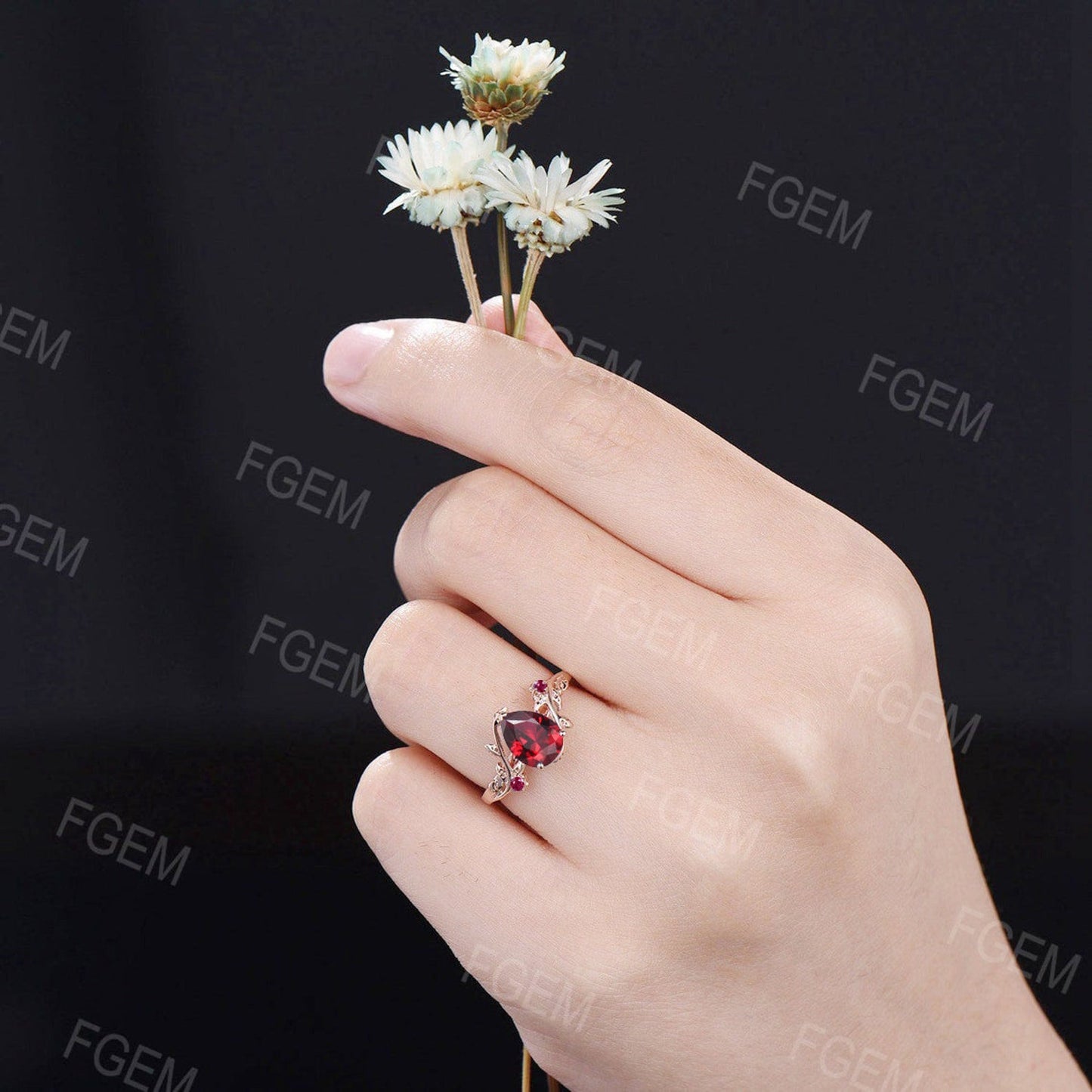 Nature Inspired Ruby Ring Set Vintage 10k Rose Gold Pear Cut Red Ruby Engagement Ring Set Red Wedding Ring Unique July Birthstone Ring Gift