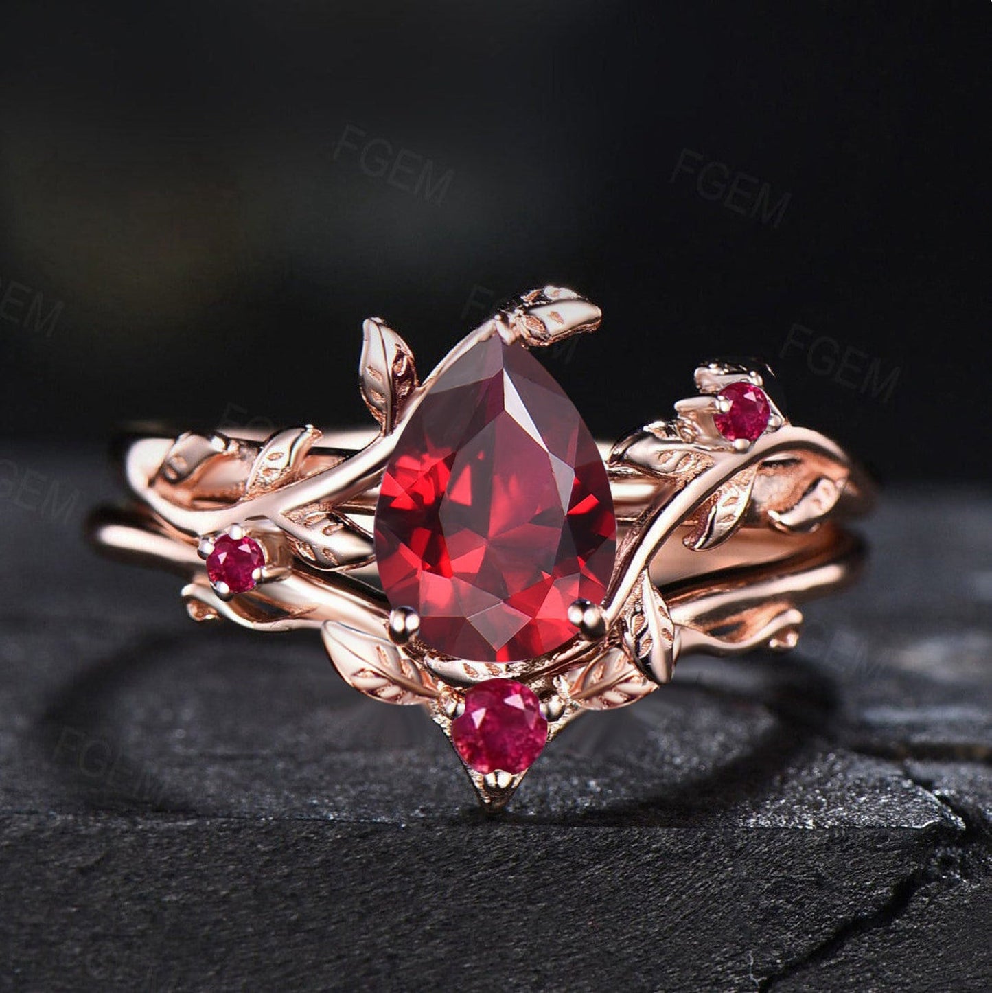Nature Inspired Ruby Ring Set Vintage 10k Rose Gold Pear Cut Red Ruby Engagement Ring Set Red Wedding Ring Unique July Birthstone Ring Gift