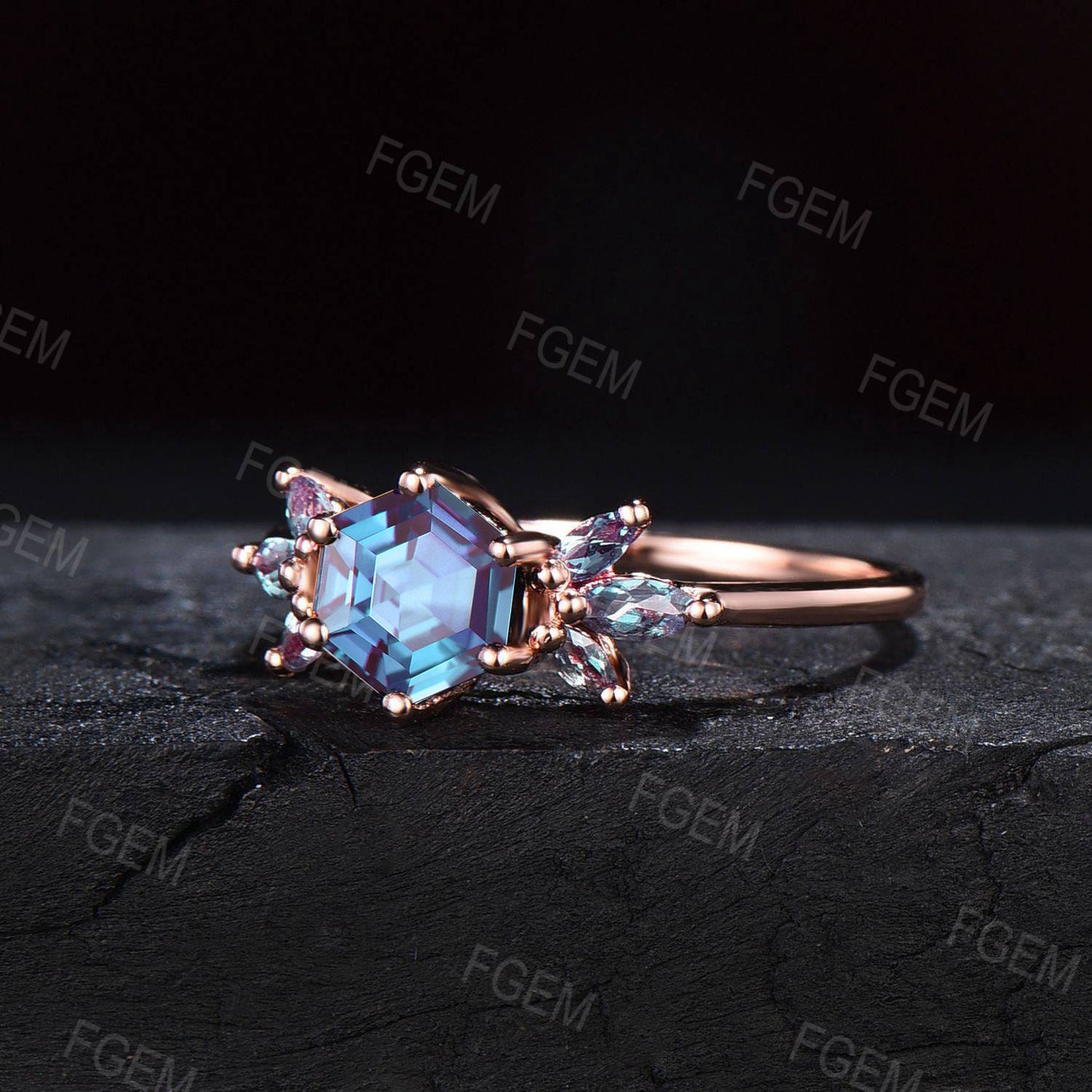 1ct Hexagon Cut Color-Change Alexandrite Ring Marquise Cut Alexandrite Cluster Ring June Birthstone Wedding Ring Unique Birthday Gift Women