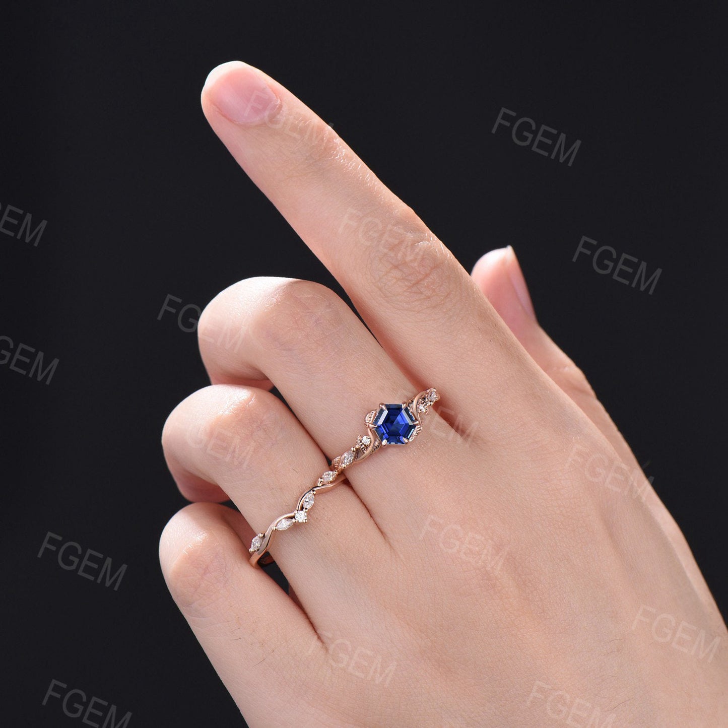 Nature Inspired Twist Vine Blue Sapphire Leaf Engagement Ring Set Vintage 1ct Hexagon Ring Set Handmade September Birthstone Wedding Gifts
