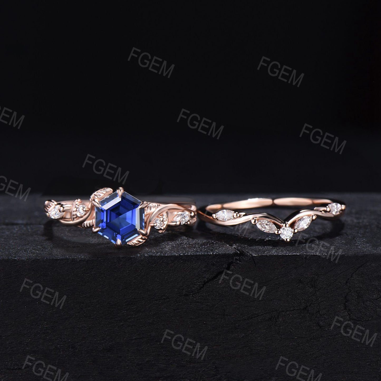 Nature Inspired Twist Vine Blue Sapphire Leaf Engagement Ring Set Vintage 1ct Hexagon Ring Set Handmade September Birthstone Wedding Gifts