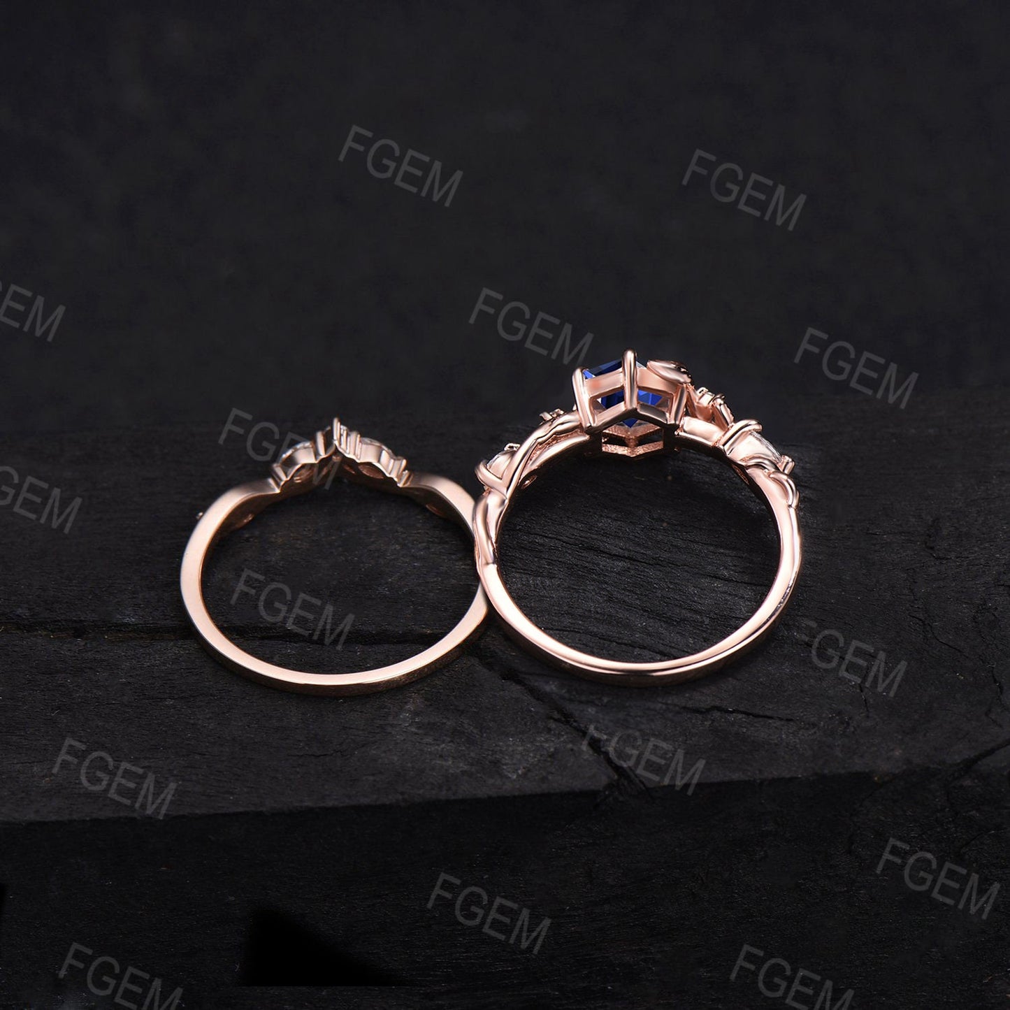 Nature Inspired Twist Vine Blue Sapphire Leaf Engagement Ring Set Vintage 1ct Hexagon Ring Set Handmade September Birthstone Wedding Gifts