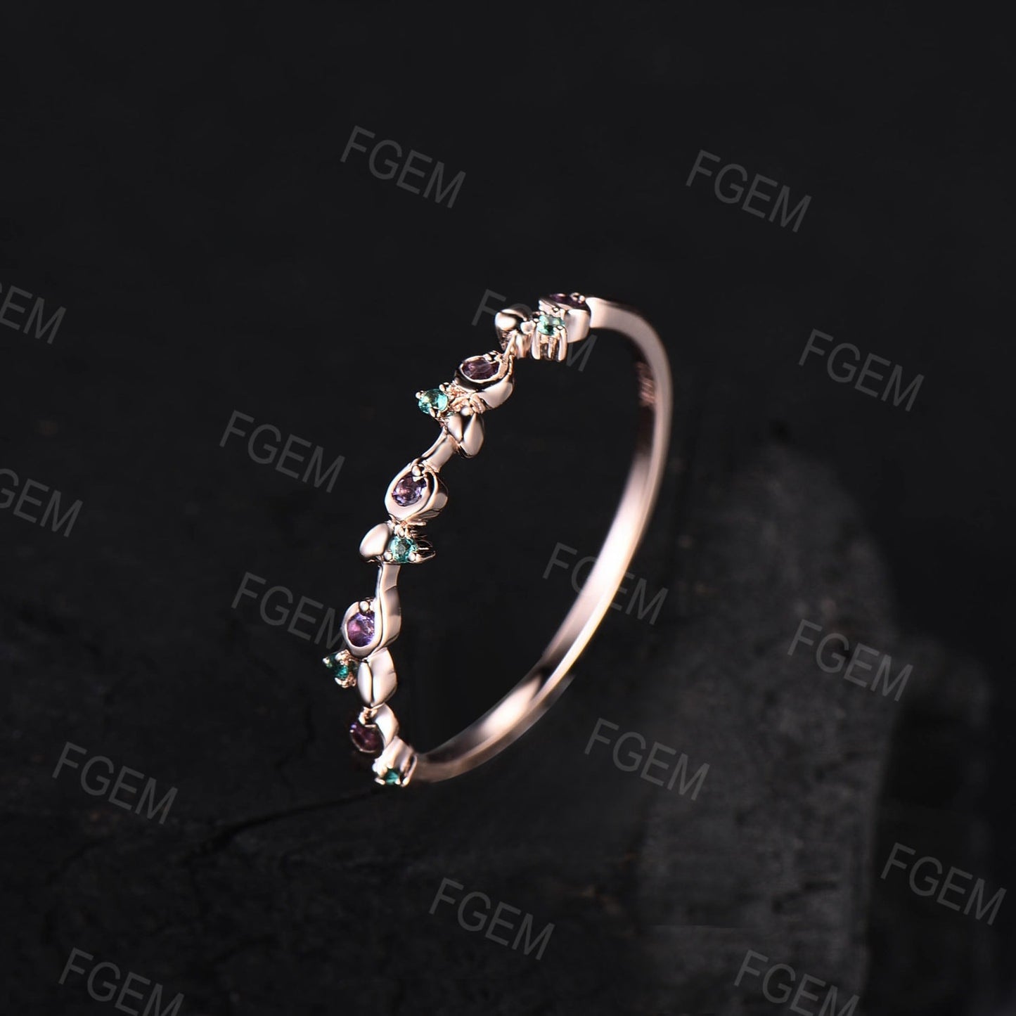 Round Amethyst Green Emerald Twist Twig Vine Minimalist Wedding Band Ring Dainty Nature Inspired Branch Matching Stacking Band Birthday Gift