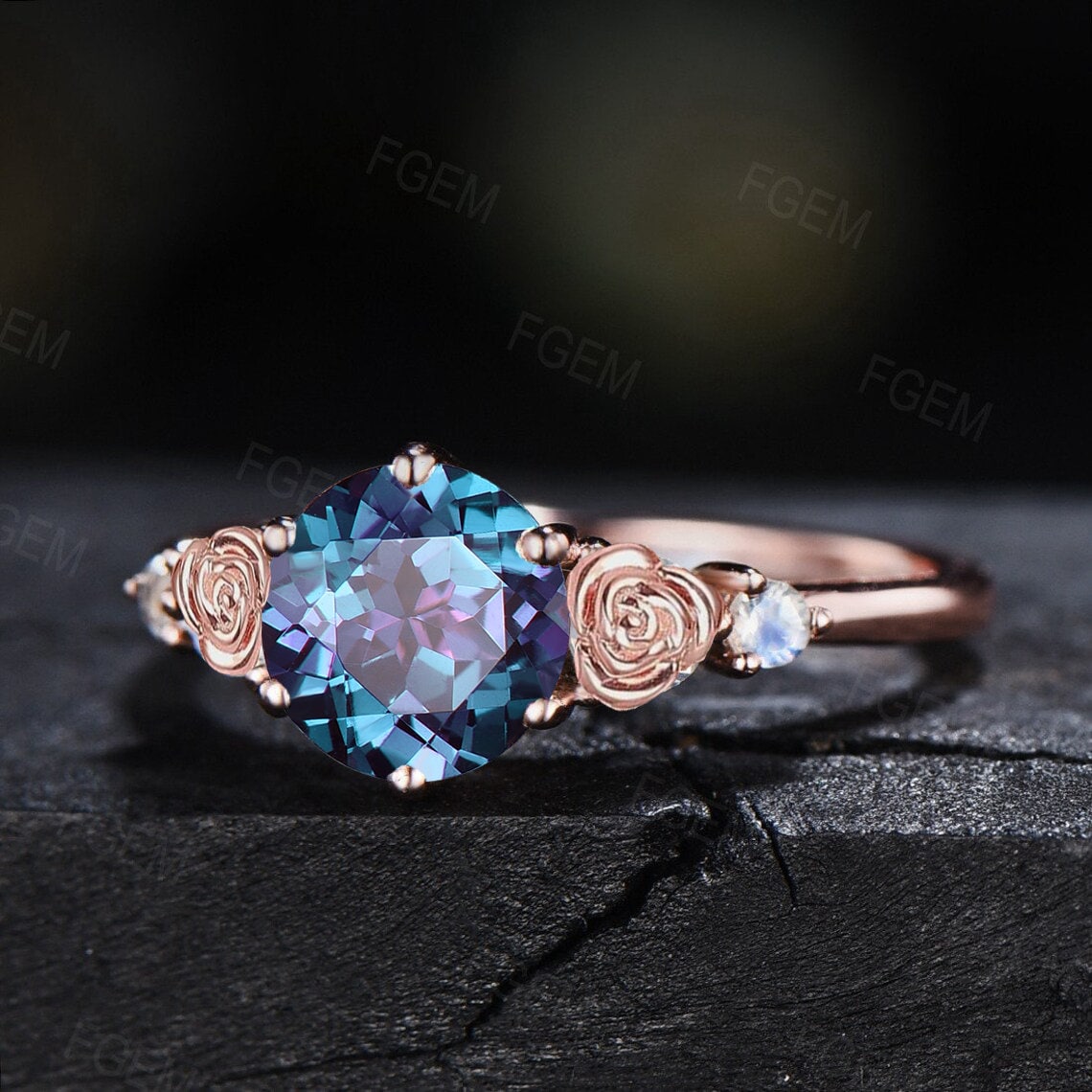 Nature Inspired Rose Flower Alexandrite Moonstone Ring 1.2ct Round Color-Change Alexandrite Wedding Ring Floral Bridal Ring Birthday Gifts