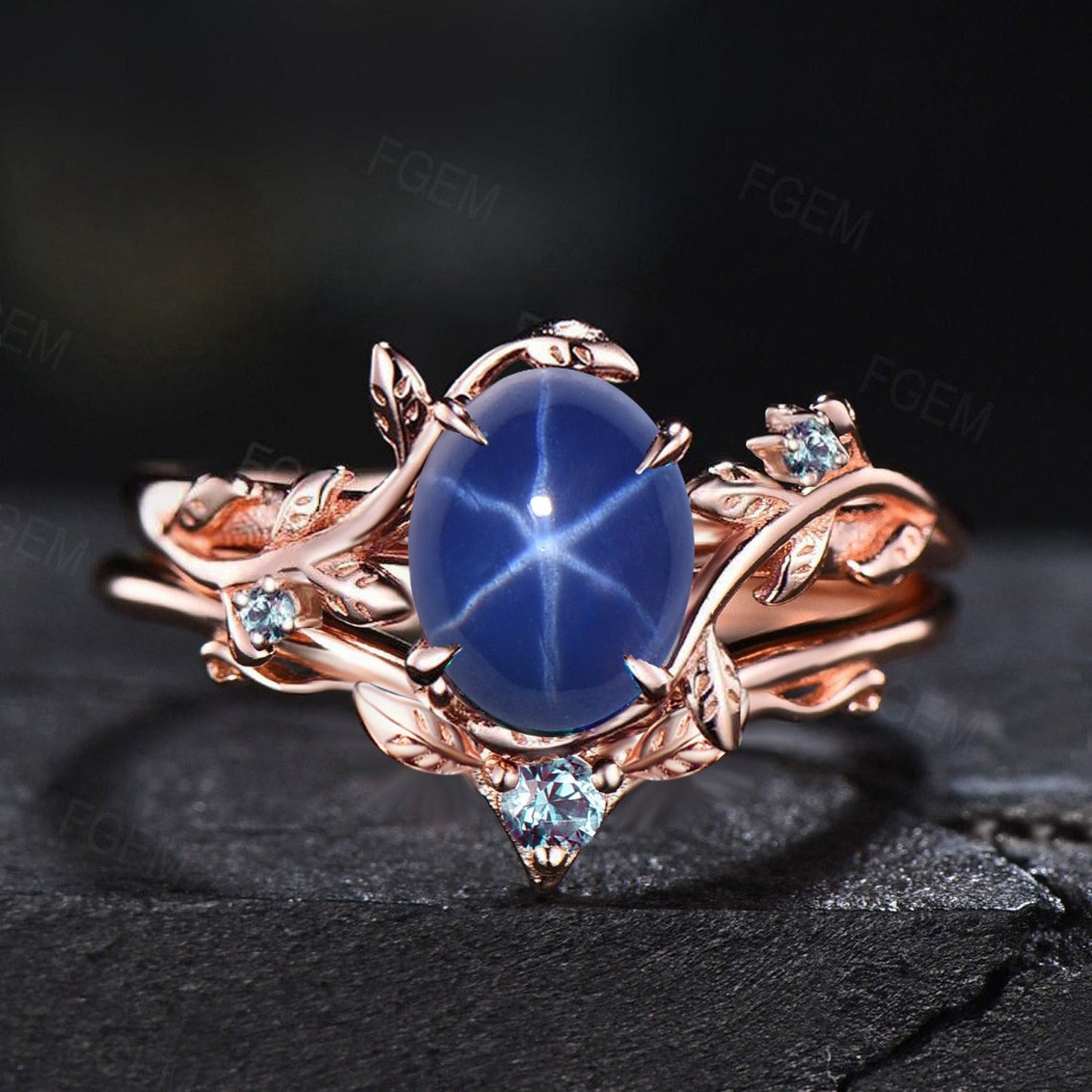 1.5ct Oval Cut Nature Inspired Blue Star Sapphire Engagement Ring Set Branch Leaf Alexandrite Wedding Ring Set Unique Handmade Proposal Gift