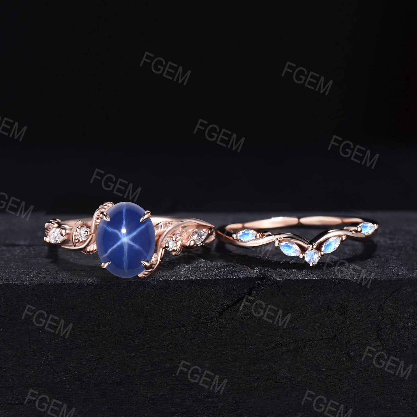 Nature Inspired 1.5ct Oval Starry Sky Blue Star Sapphire Engagement Ring Cluster Moonstone Wedding Ring Twist Twig Leaf Branch Bridal Set