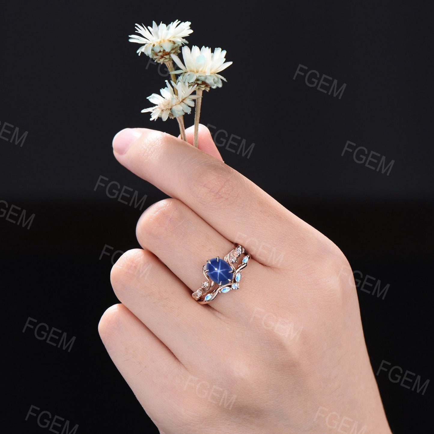 Nature Inspired 1.5ct Oval Starry Sky Blue Star Sapphire Engagement Ring Cluster Moonstone Wedding Ring Twist Twig Leaf Branch Bridal Set