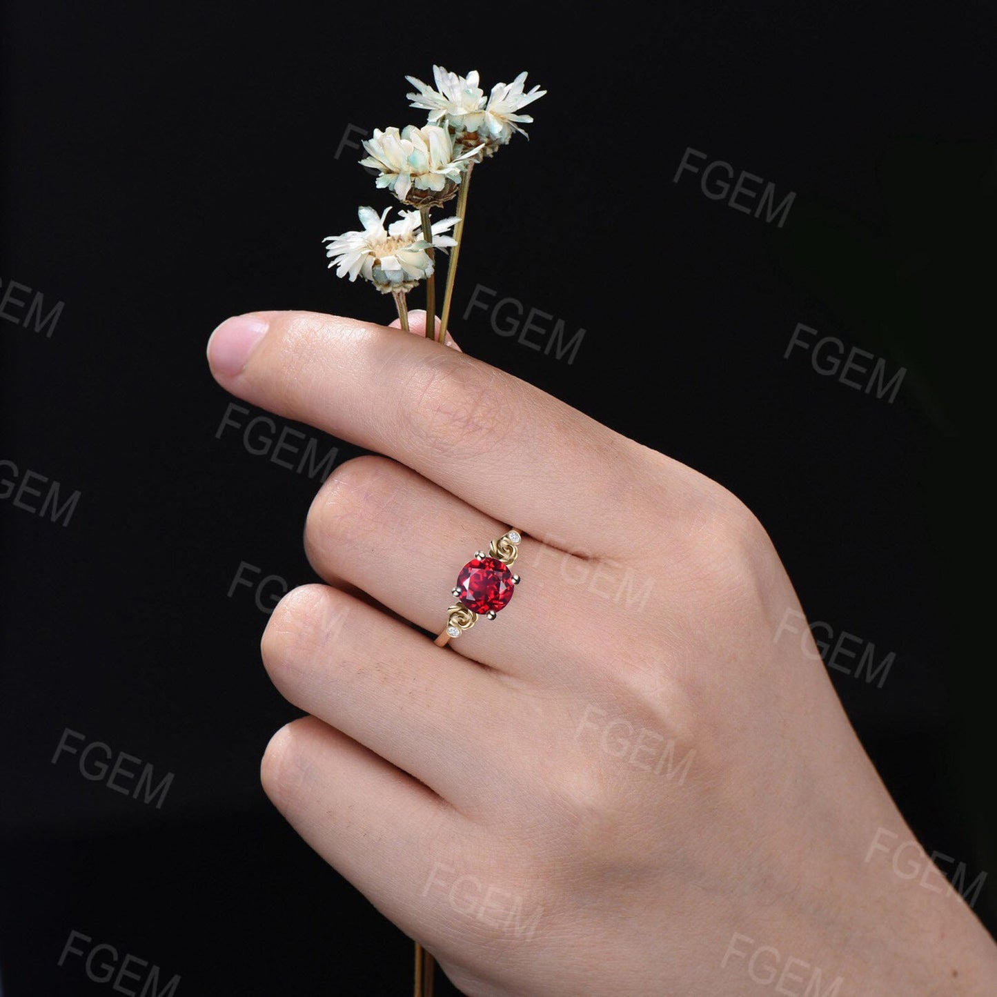 Rose Flower Nature Inspired Red Ruby Engagement Ring Round Ruby Nature Wedding Ring Floral Ruby Moissanite Ring July Birthstone Jewelry Gift