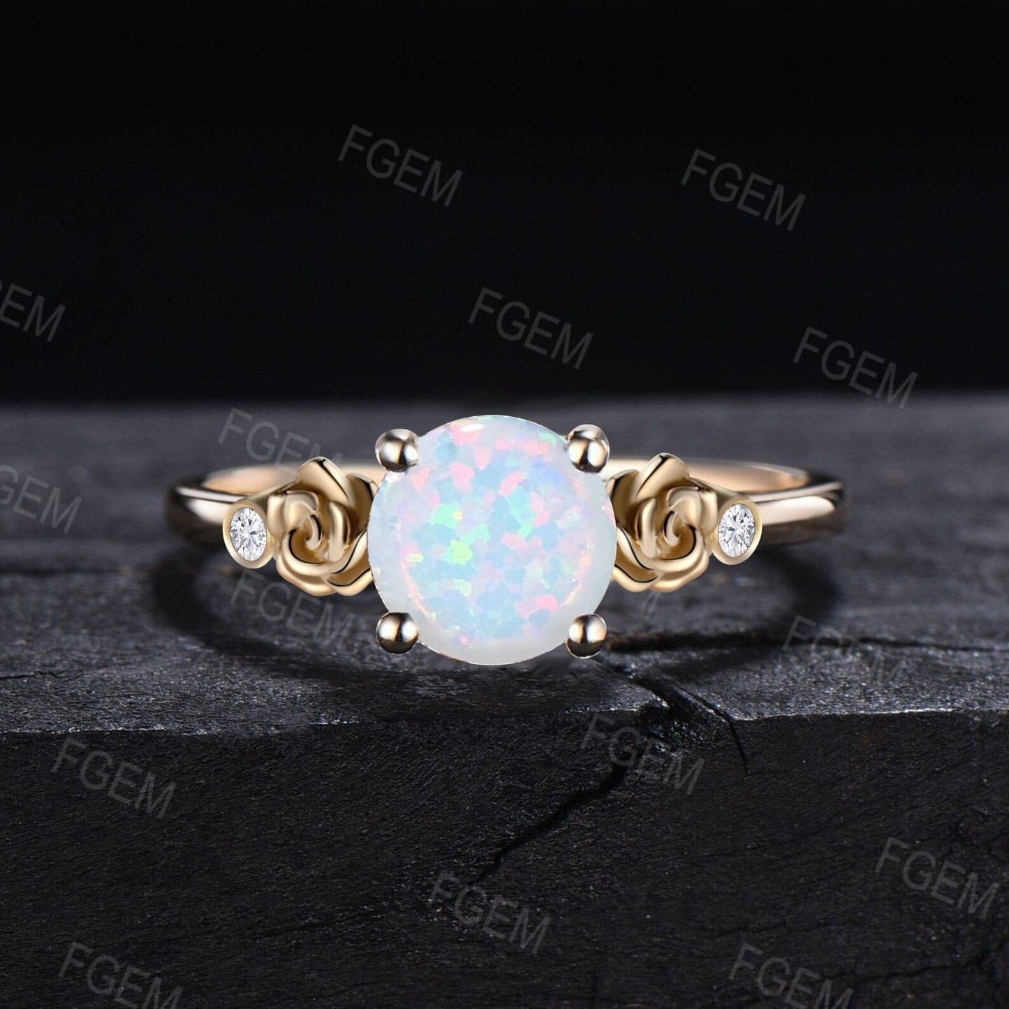 Rose Flower Nature Inspired White Opal Engagement Ring Round Nature Wedding Ring Floral Opal Moissanite Ring October Birthstone Jewelry Gift