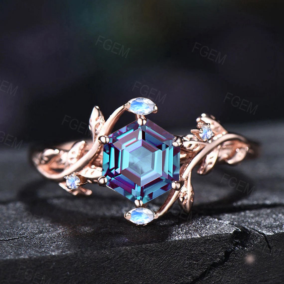 Nature Inspired Alexandrite Moonstone Ring Vintage 1ct Branch Leaf