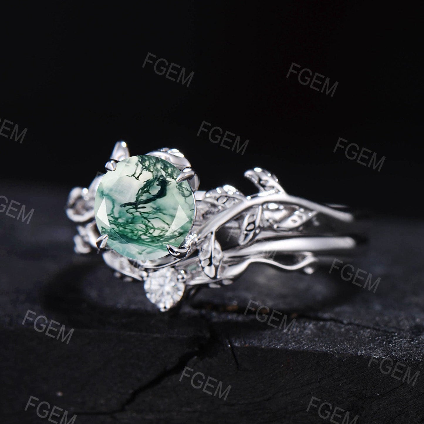 1ct Round Cut Natural Moss Agate Engagement Rings Set 14k Rose Gold Branch Design Solitaire Rings Unique Leaf Wedding Ring Anniversary Gift