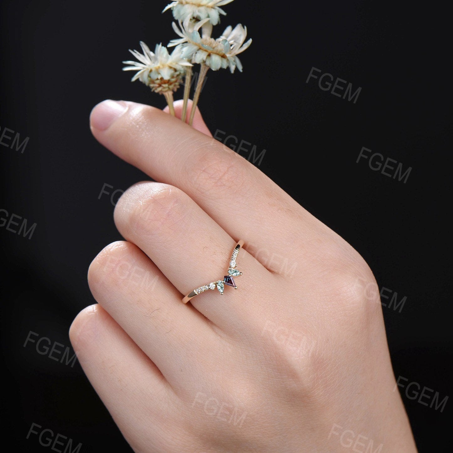 Kite Alexandrite Marquise Moss Agate Curve Wedding Band Art Deco Ring Vintage 10K Rose Gold Chevron Band Moissanite Matching Stacking Band