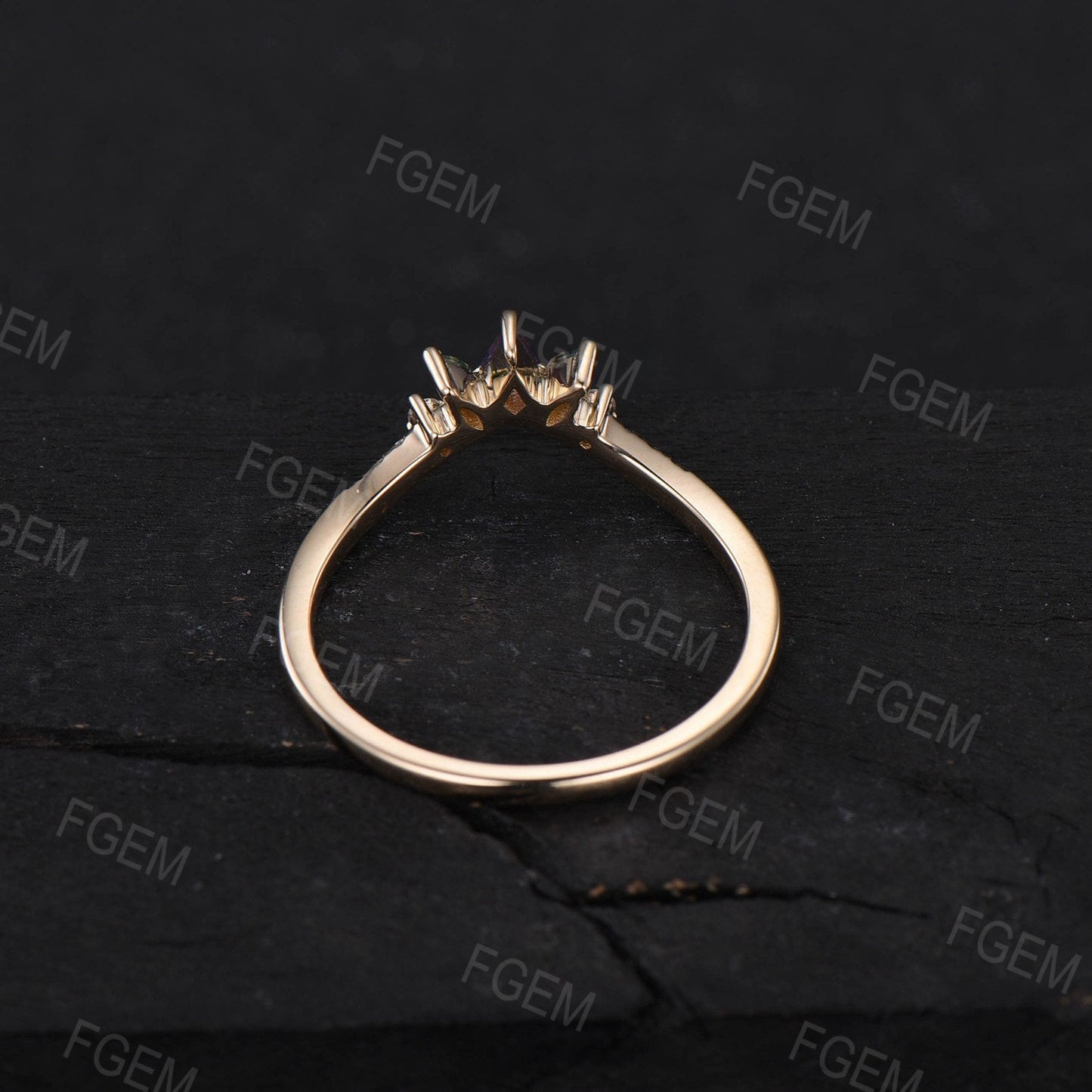 Kite Alexandrite Marquise Moss Agate Curve Wedding Band Art Deco Ring Vintage 10K Rose Gold Chevron Band Moissanite Matching Stacking Band