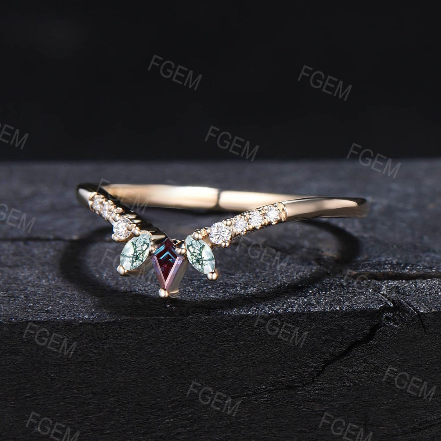 Kite Alexandrite Marquise Moss Agate Curve Wedding Band Art Deco Ring Vintage 10K Rose Gold Chevron Band Moissanite Matching Stacking Band