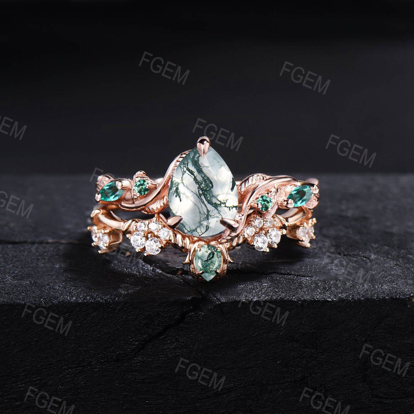 1.25ct Pear Twig Twisted Natural Moss Agate Engagement Ring Set 14K Rose Gold Nature Inspired Branch Leaf Emerald Moissanite Wedding Ring