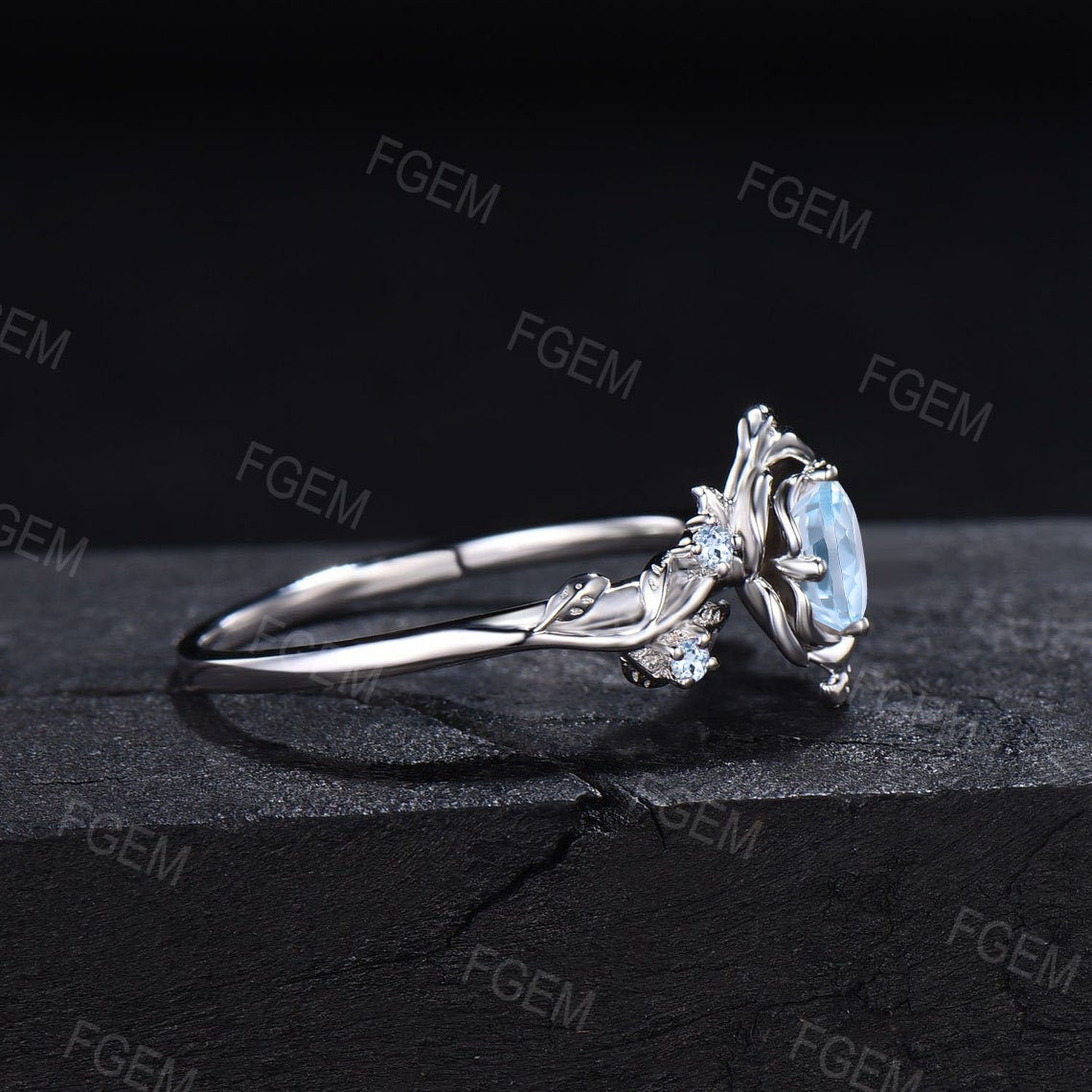 Rose Flower Engagement Ring 5mm Round Natural Aquamarine Wedding Ring 10K Rose Gold Nature Inspired Leaf Floral Aquamarine Ring Promise Gift