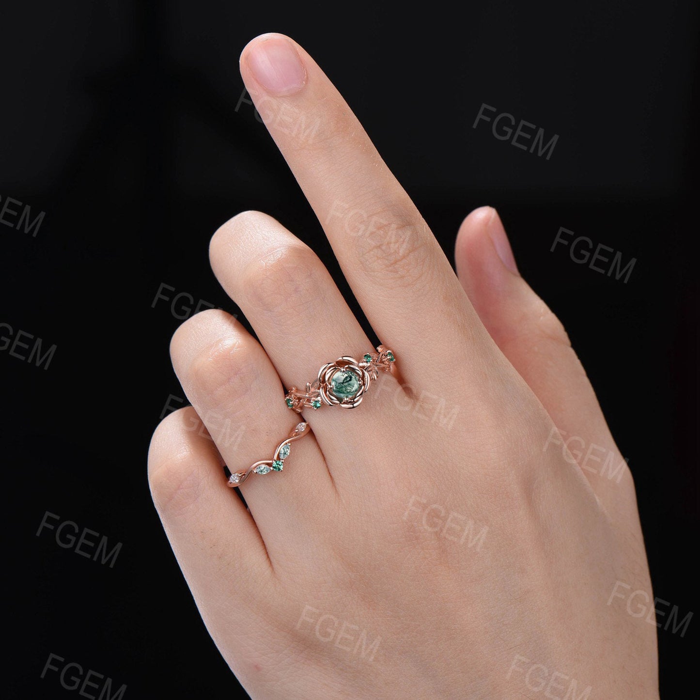 Natural Round Moss Agate Rose Flower Engagement Ring Set 10K Rose Gold Nature Inspired Floral Moss Agate Emerald Ring Green Gemstone Jewelry