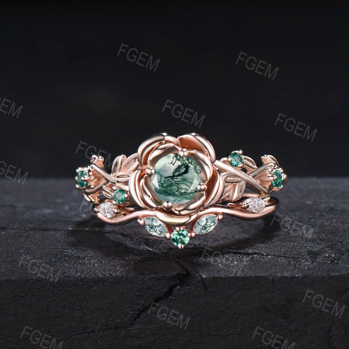 Natural Round Moss Agate Rose Flower Engagement Ring Set 10K Rose Gold Nature Inspired Floral Moss Agate Emerald Ring Green Gemstone Jewelry