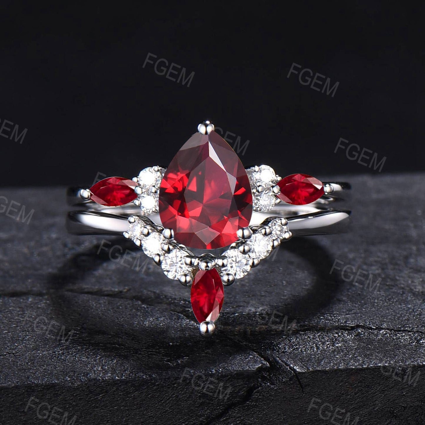 1.25ct Teardrop Ruby Engagement Ring Set 10K White Gold Red Gemstone Jewelry Unique Anniversary/Birthday Gift Women July Birthstone Ring