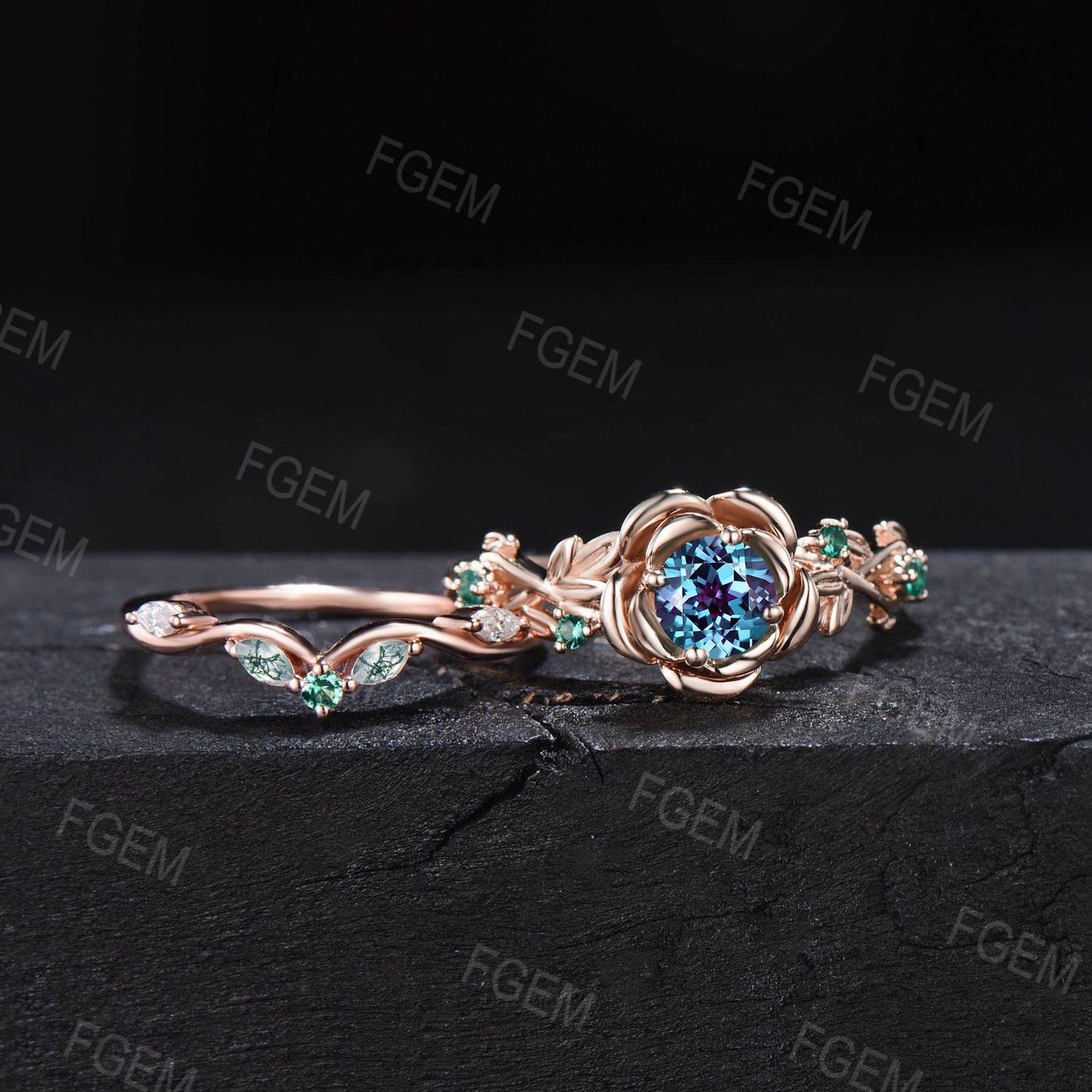 Nature Inspired Rose Flower Color-Change Alexandrite Emerald Engagement Ring Set Rose Gold Floral Leaf Moss Agate Emerald Ring Promise Gift