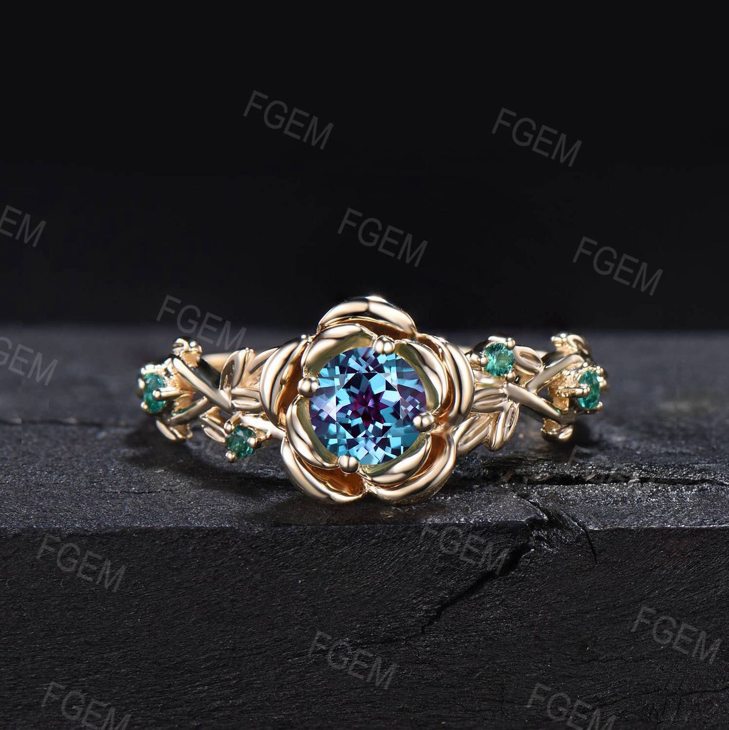 Nature Inspired Rose Flower Color-Change Alexandrite Emerald Engagement Ring Set Rose Gold Floral Leaf Moss Agate Emerald Ring Promise Gift