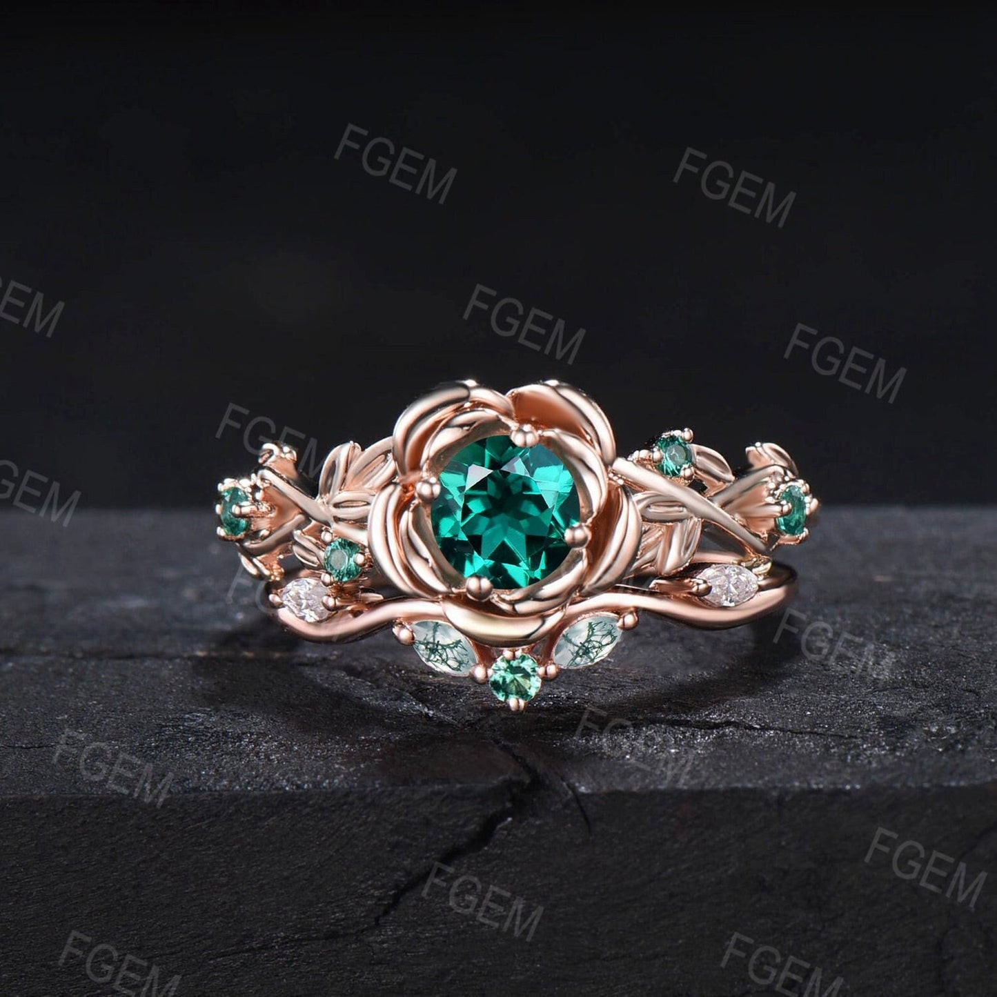 Rose Flower Shaped Ring 5mm Round Green Emerald Wedding Ring Set 10K Rose Gold Nature Inspired Floral Moss Agate Emerald Ring Promise Gift
