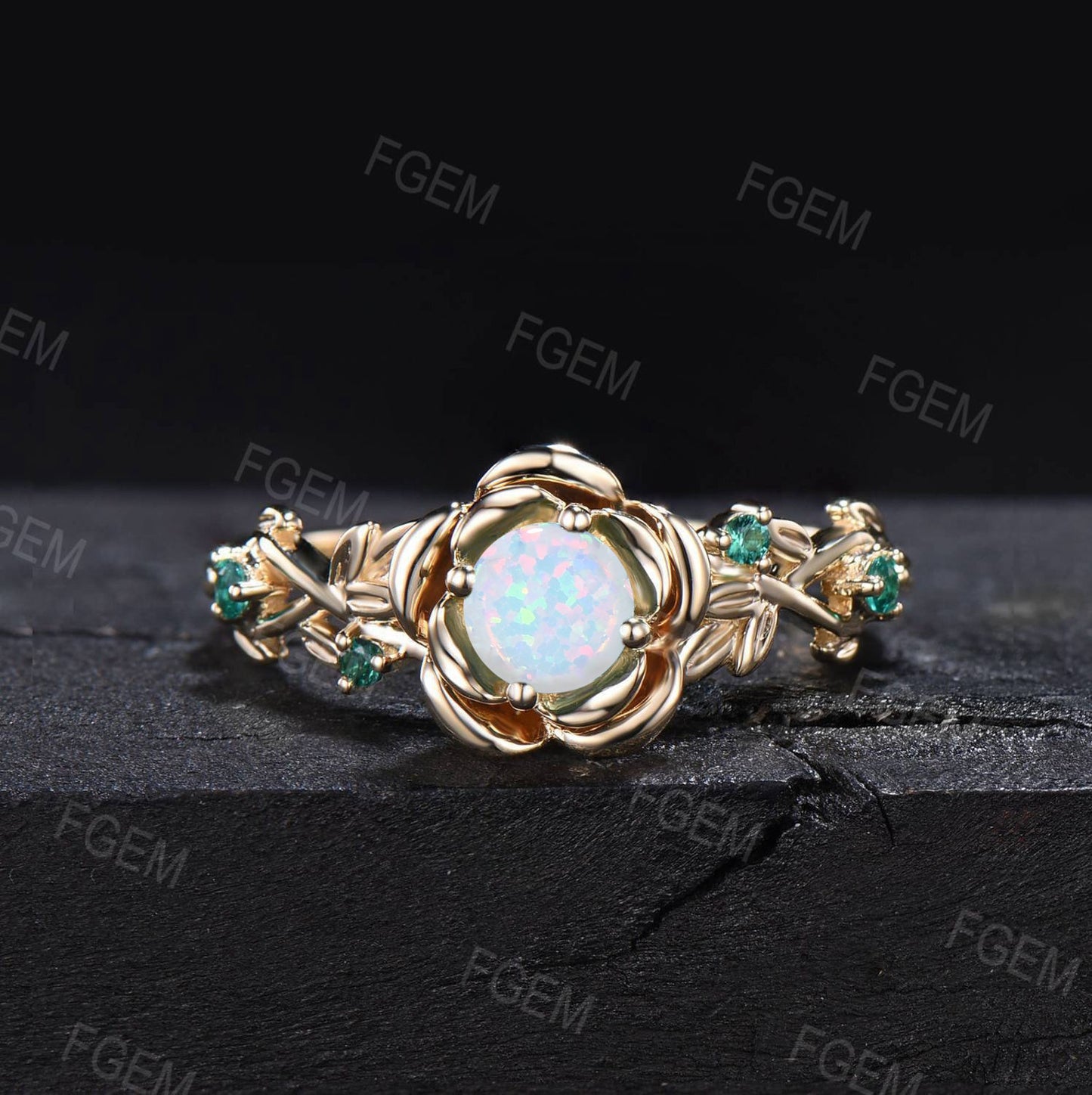Nature Inspired 5mm Round Cut White Opal Emerald Engagement Ring Set 10K Rose Gold Twist Leaf Vine Rose Flower Floral Opal Wedding Ring Set
