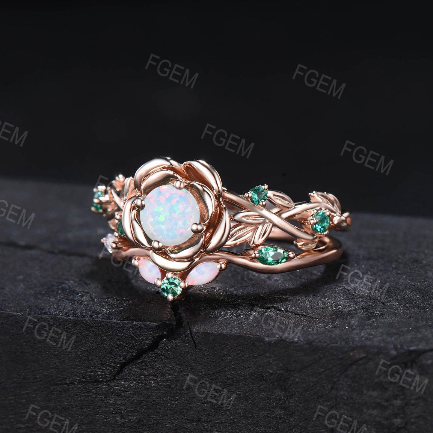 Nature Inspired 5mm Round Cut White Opal Emerald Engagement Ring Set 10K Rose Gold Twist Leaf Vine Rose Flower Floral Opal Wedding Ring Set