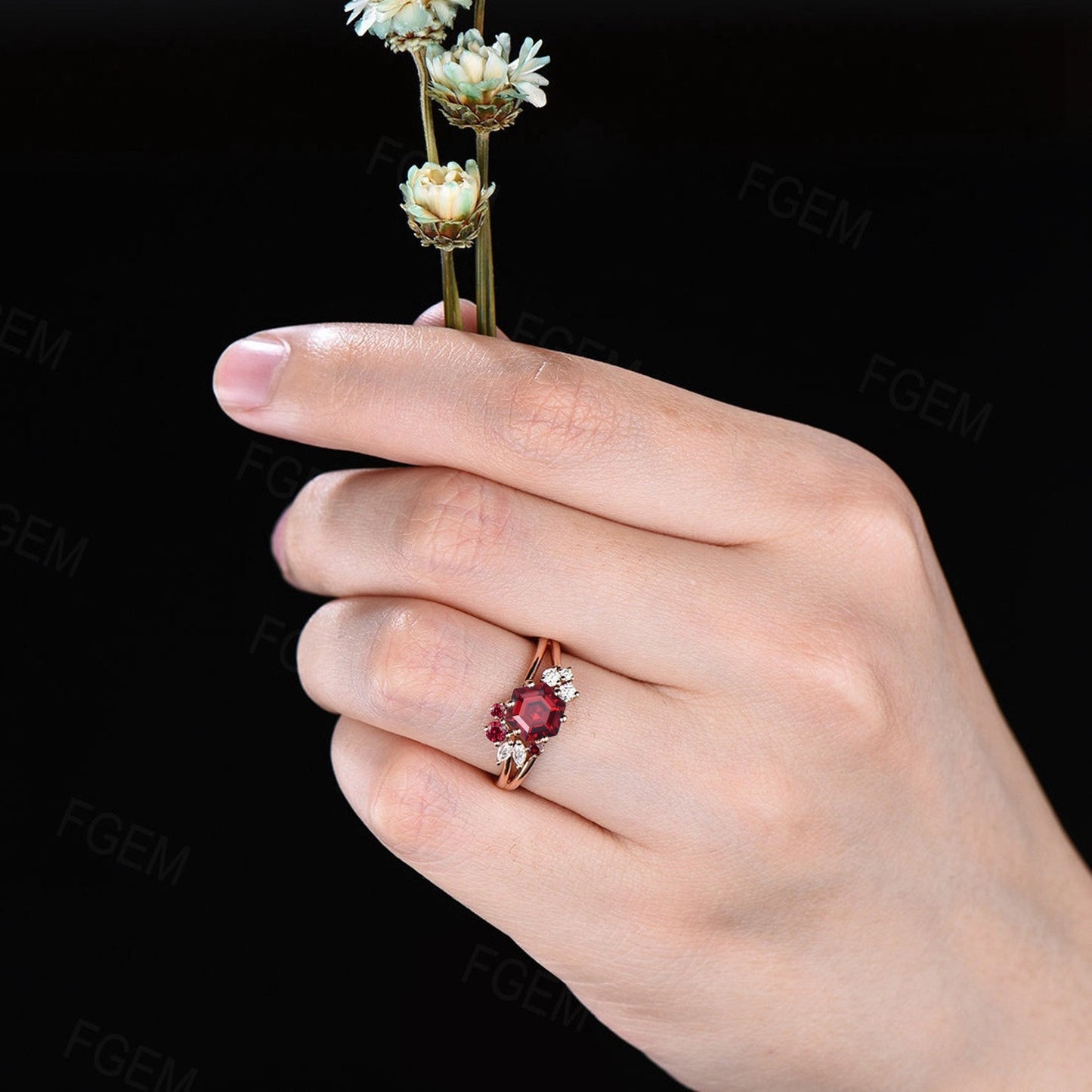 1ct Hexagon Cut Red Ruby Engagement Ring Unique 14k Rose Gold Cluster Ruby Moissanite Ring July Birthstone Jewelry Birthday Gift for Women