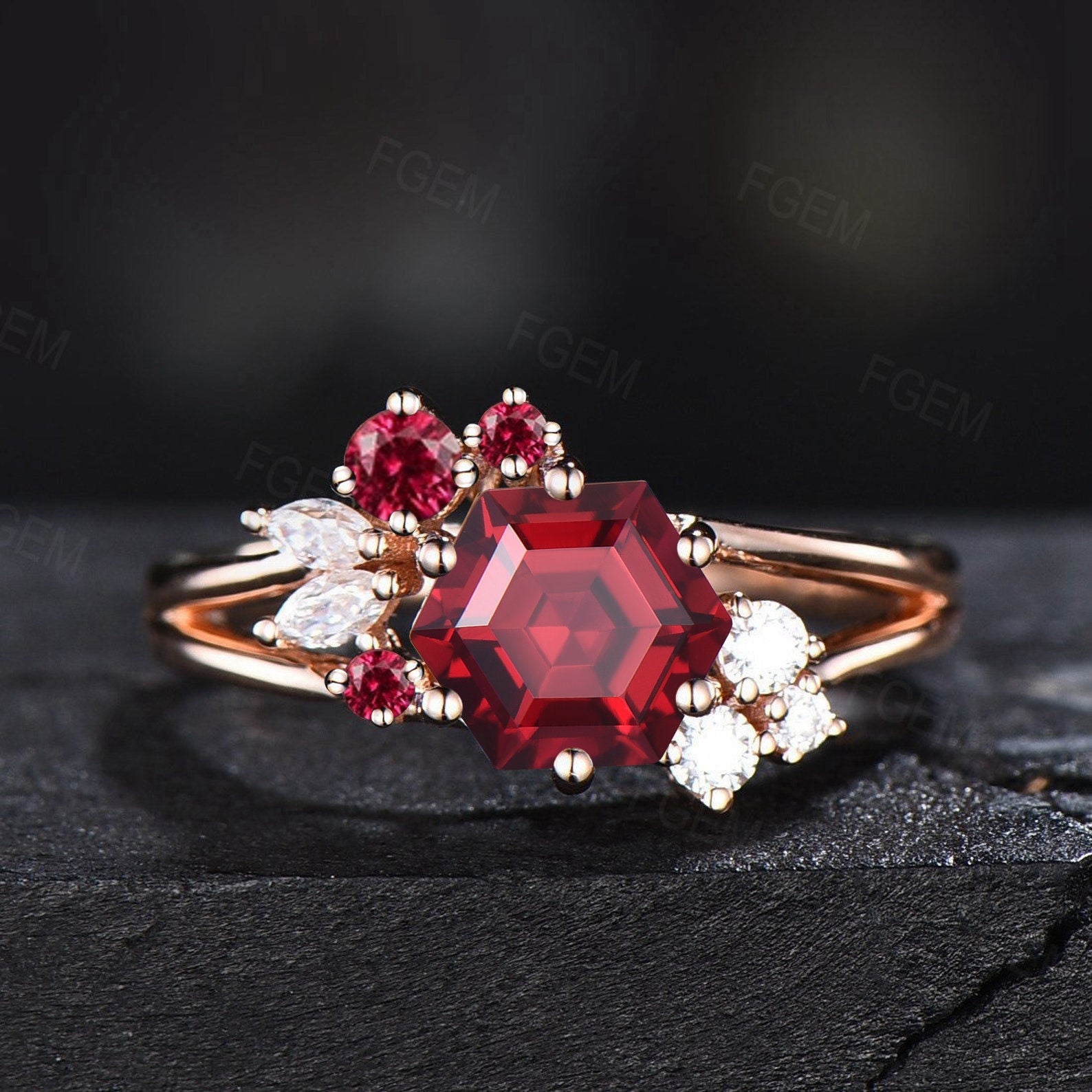 1ct Hexagon Cut Red Ruby Engagement Ring Unique 14k Rose Gold