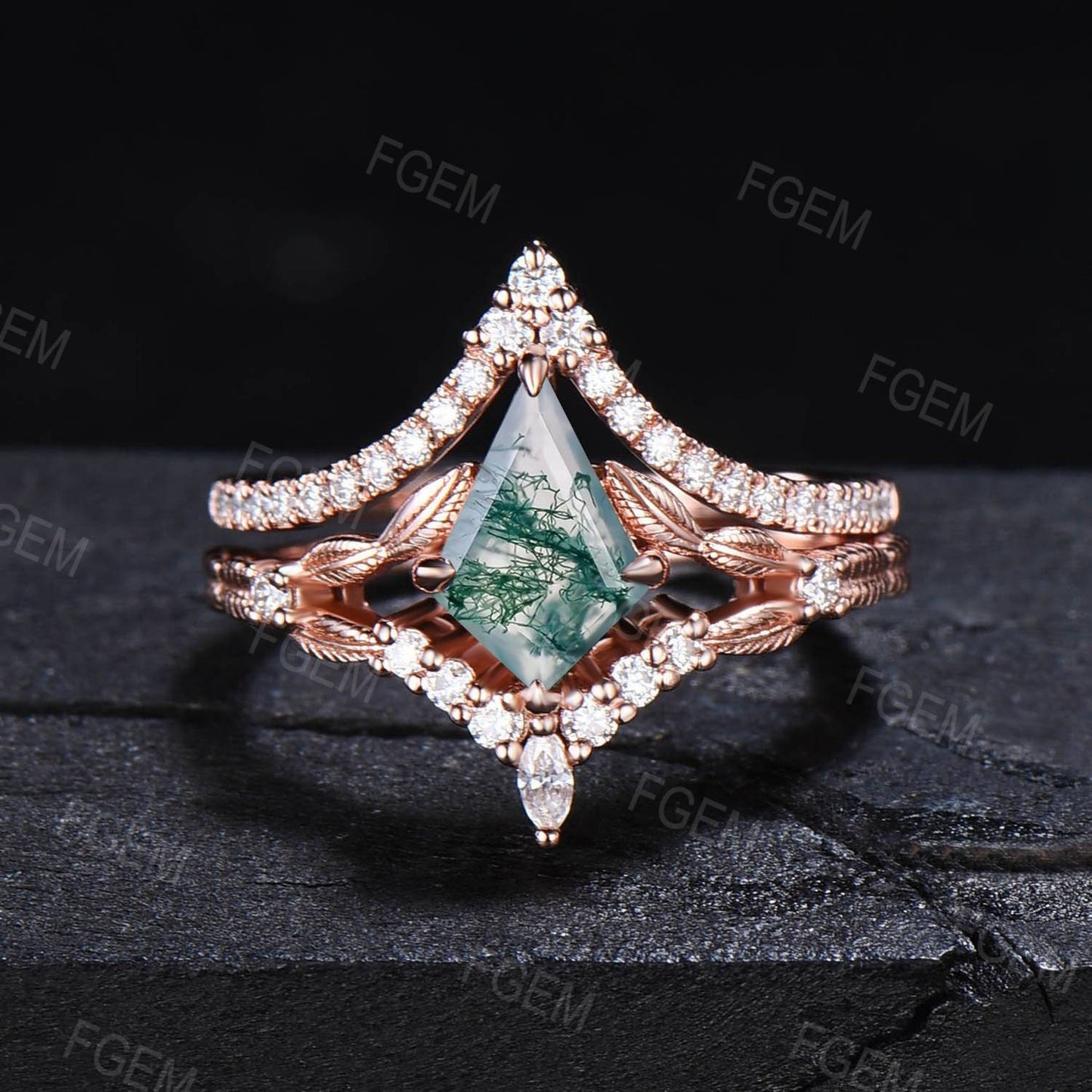 Kite Cut Natural Green Moss Agate Moissanite Ring Set Nature Inspired Branch Aquatic Agate Wedding Ring Set Unique Anniversary/Proposal Gift